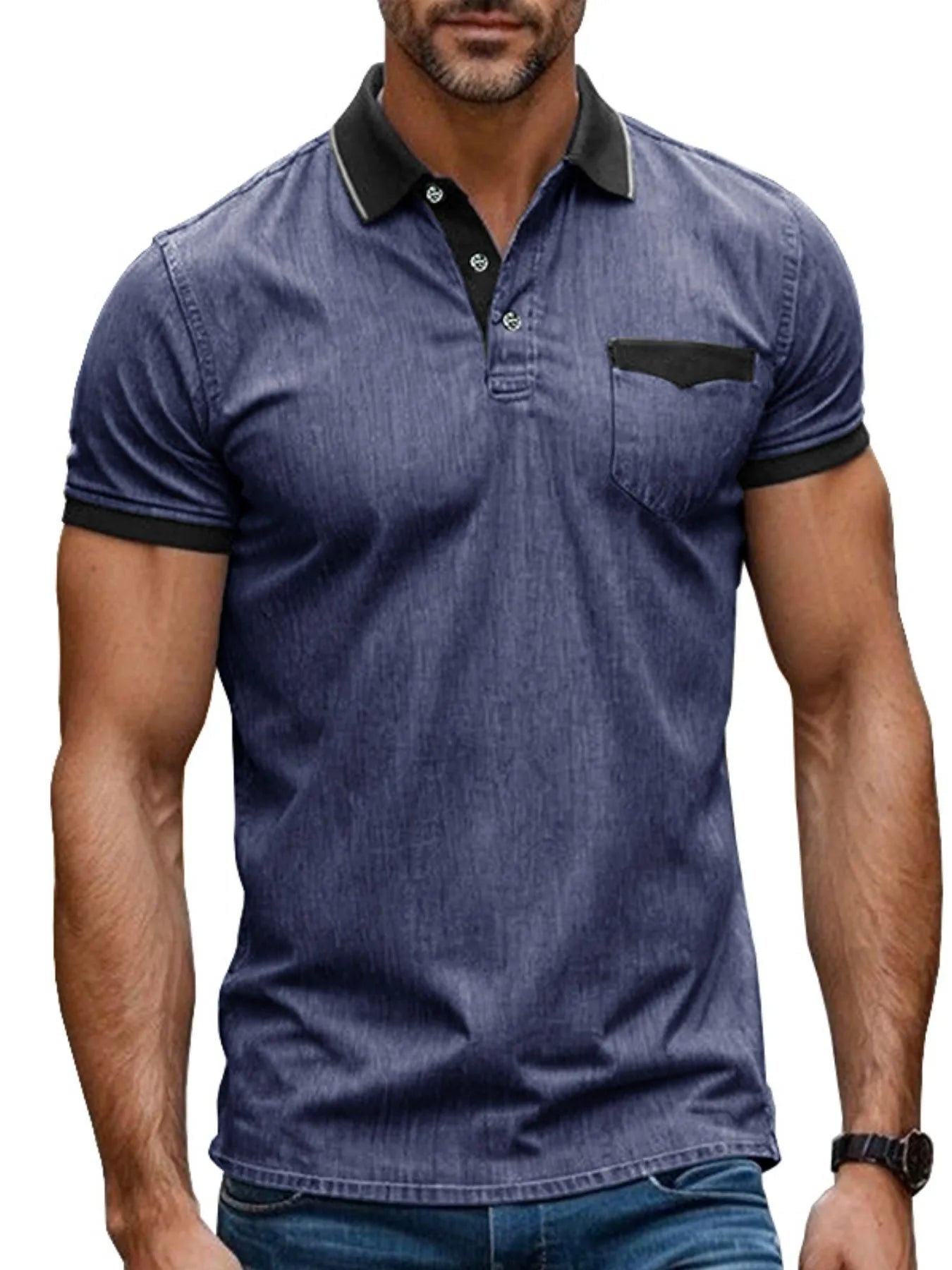 Men's Contrast Collar Pocket Polo Shirt Dusty Blue / S