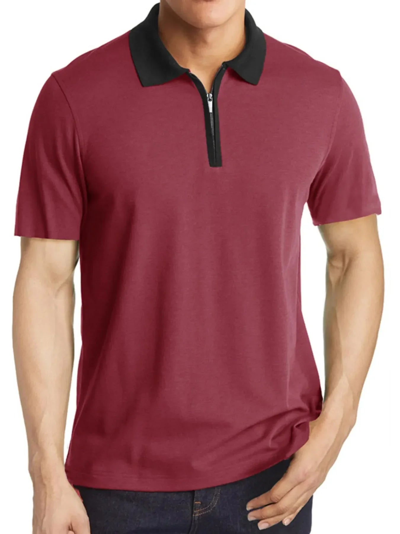 Men's Contrast Collar Quarter-Zip Polo Shirt Burgundy / S