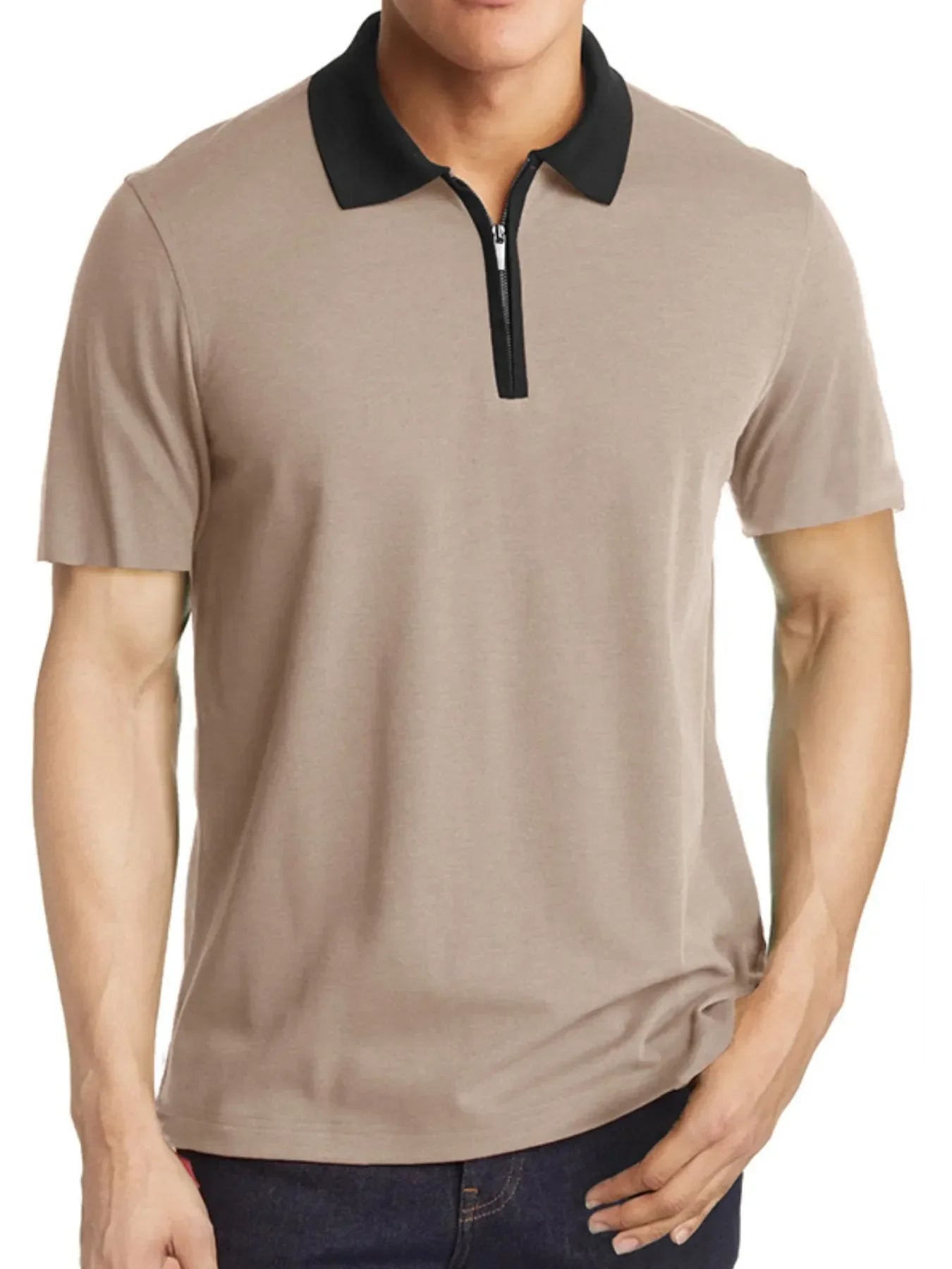 Men's Contrast Collar Quarter-Zip Polo Shirt Khaki / S