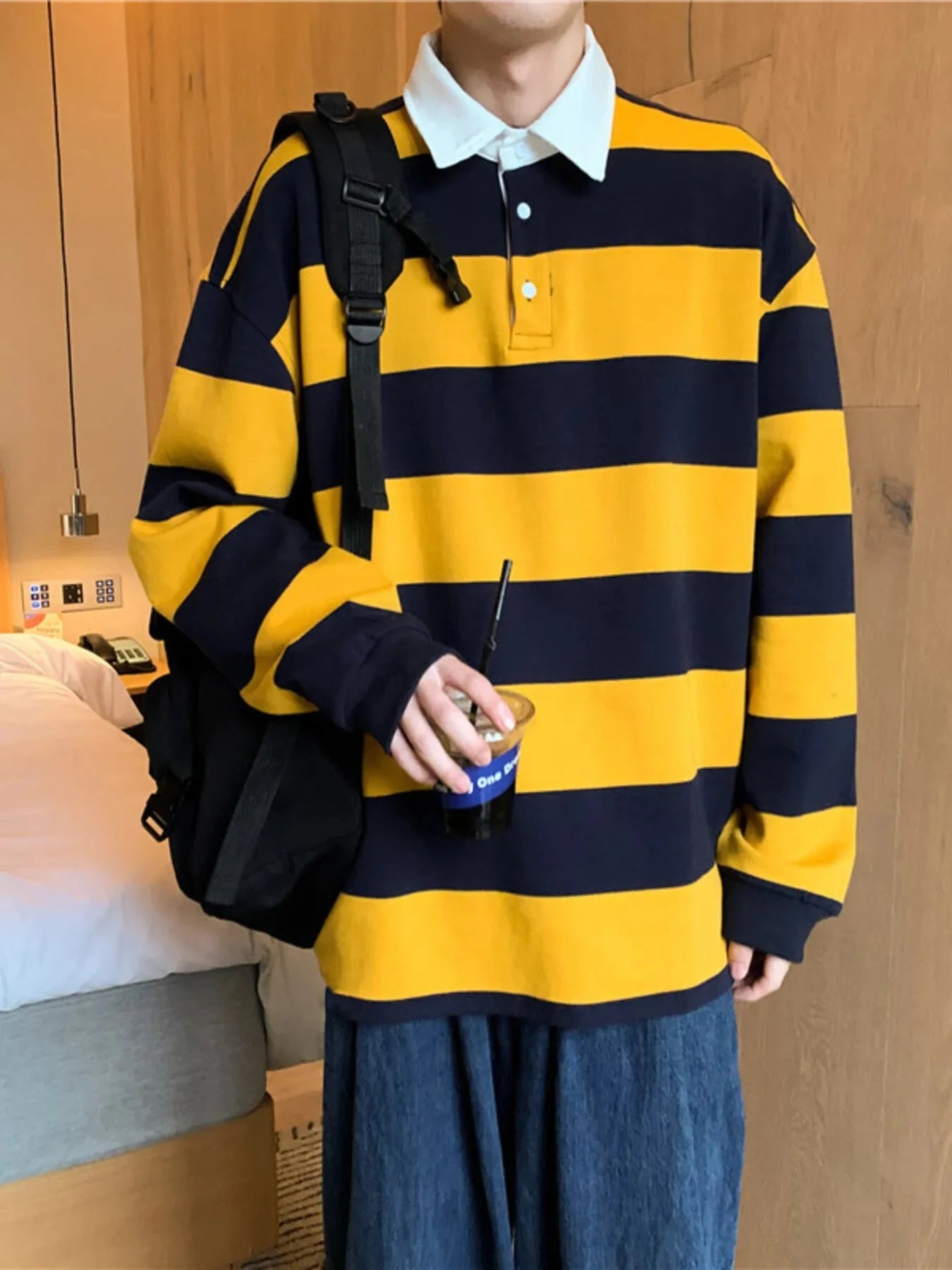 Men's Contrast Striped Long Sleeve Polo