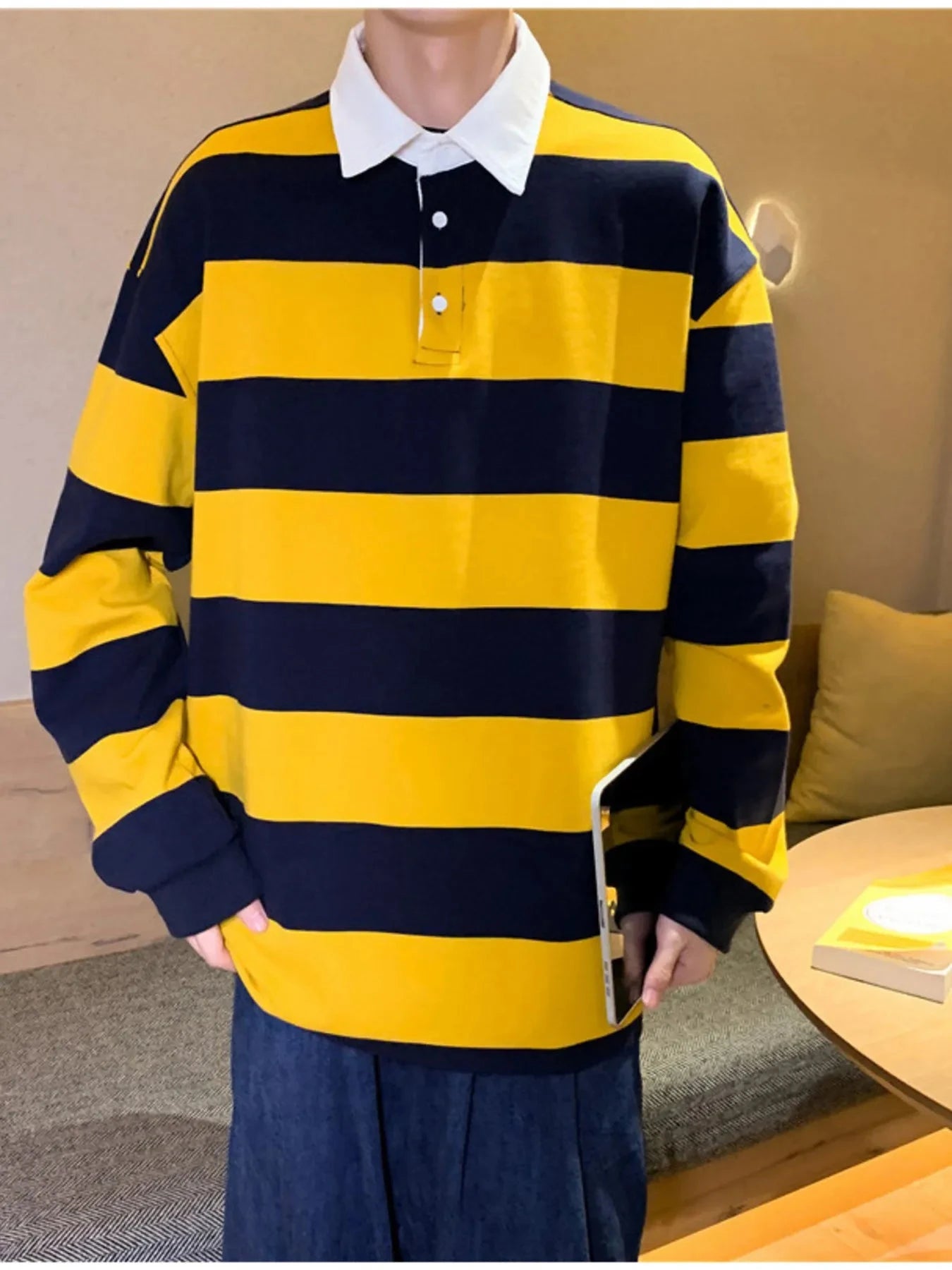 Men's Contrast Striped Long Sleeve Polo