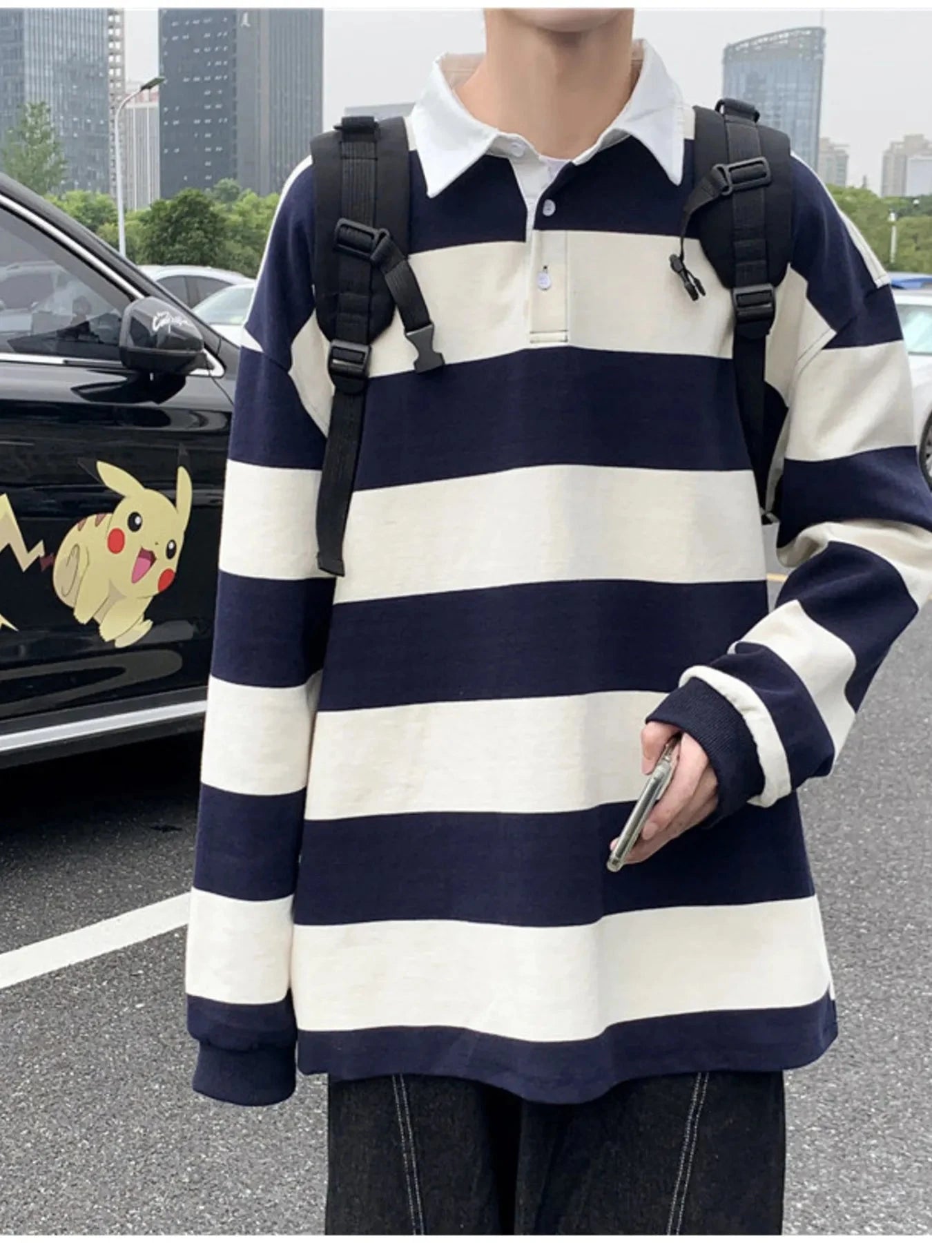 Men's Contrast Striped Long Sleeve Polo