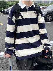 Men's Contrast Striped Long Sleeve Polo Black / M
