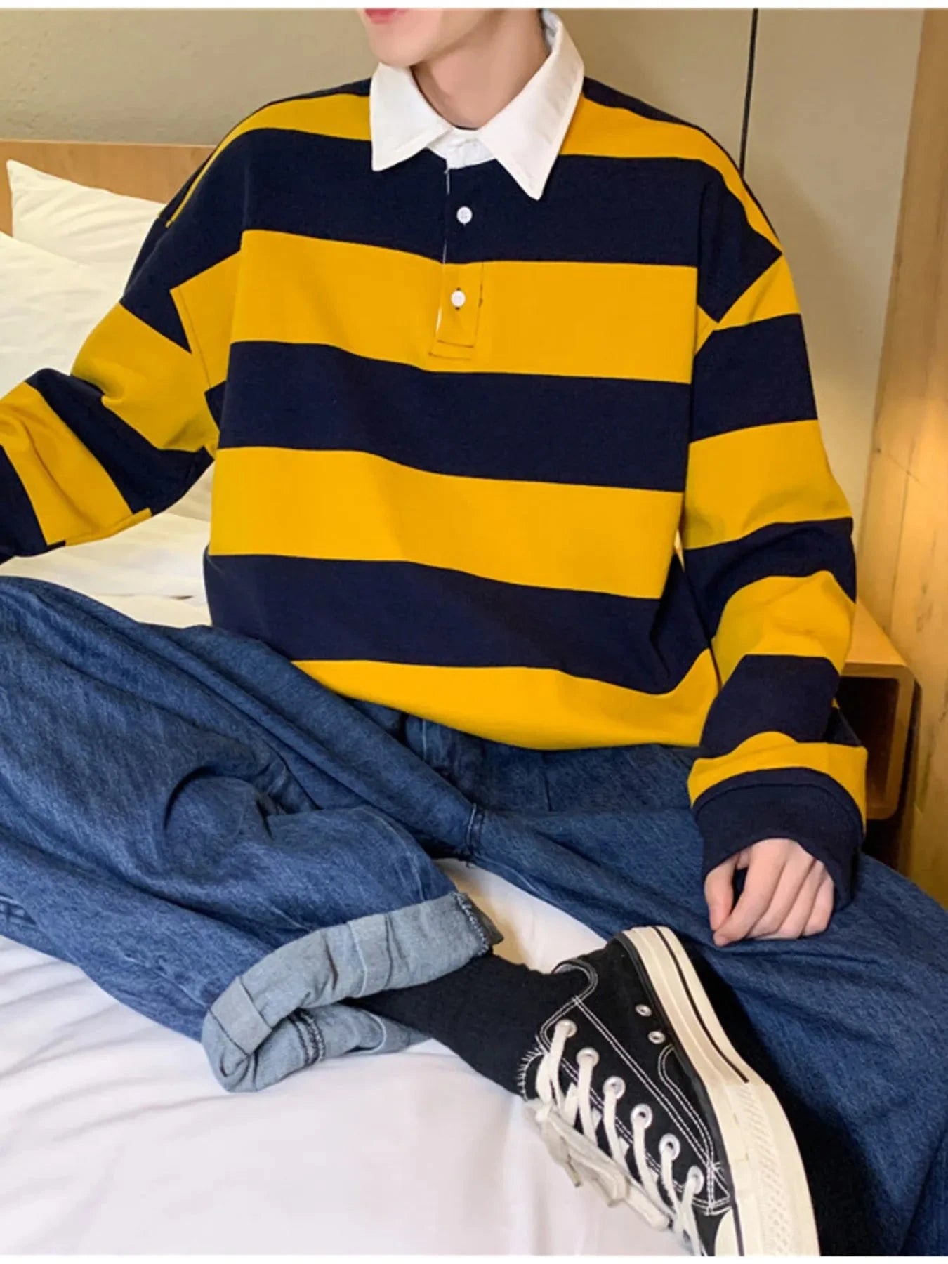 Men's Contrast Striped Long Sleeve Polo Yellow / M
