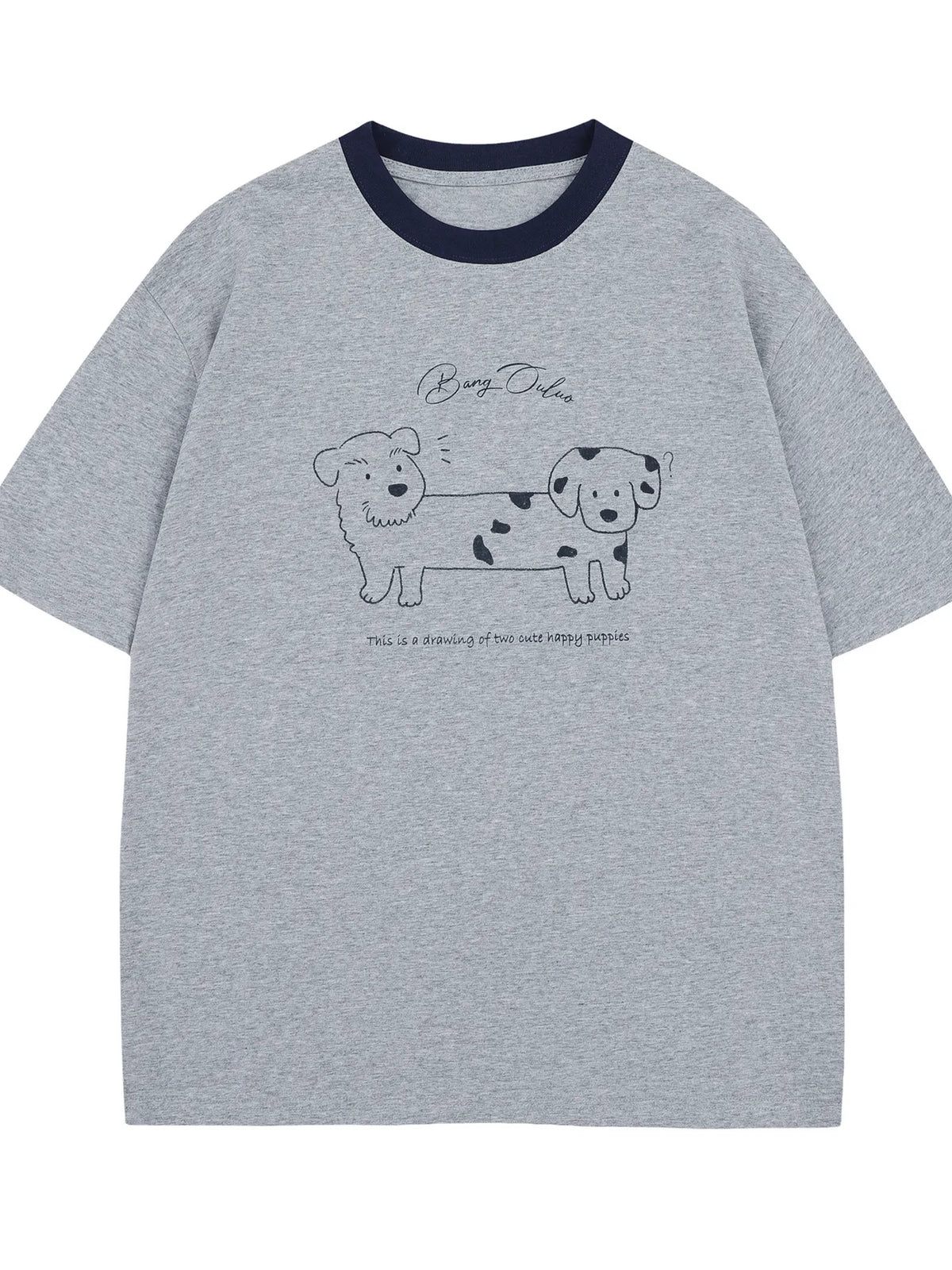 Men's Cute Cartoon Dogs Graphic Round Neck T-Shirt Gray / S