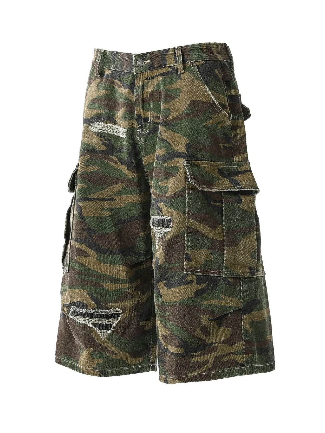 Men's Distressed Camouflage Cargo Denim Shorts