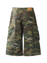 Men's Distressed Camouflage Cargo Denim Shorts
