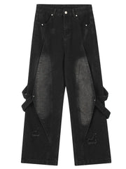 Men's Distressed Cargo Wide Leg Jeans Black / S