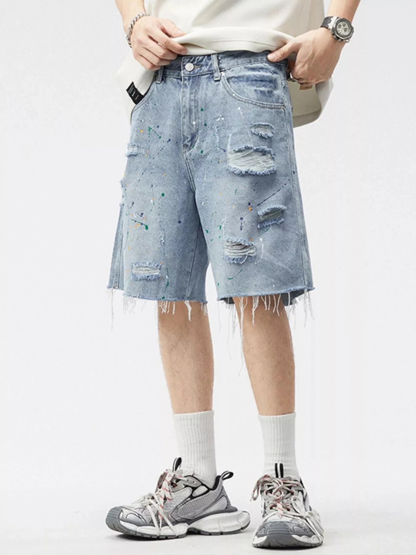 Men's Distressed Paint Splatter Denim Shorts