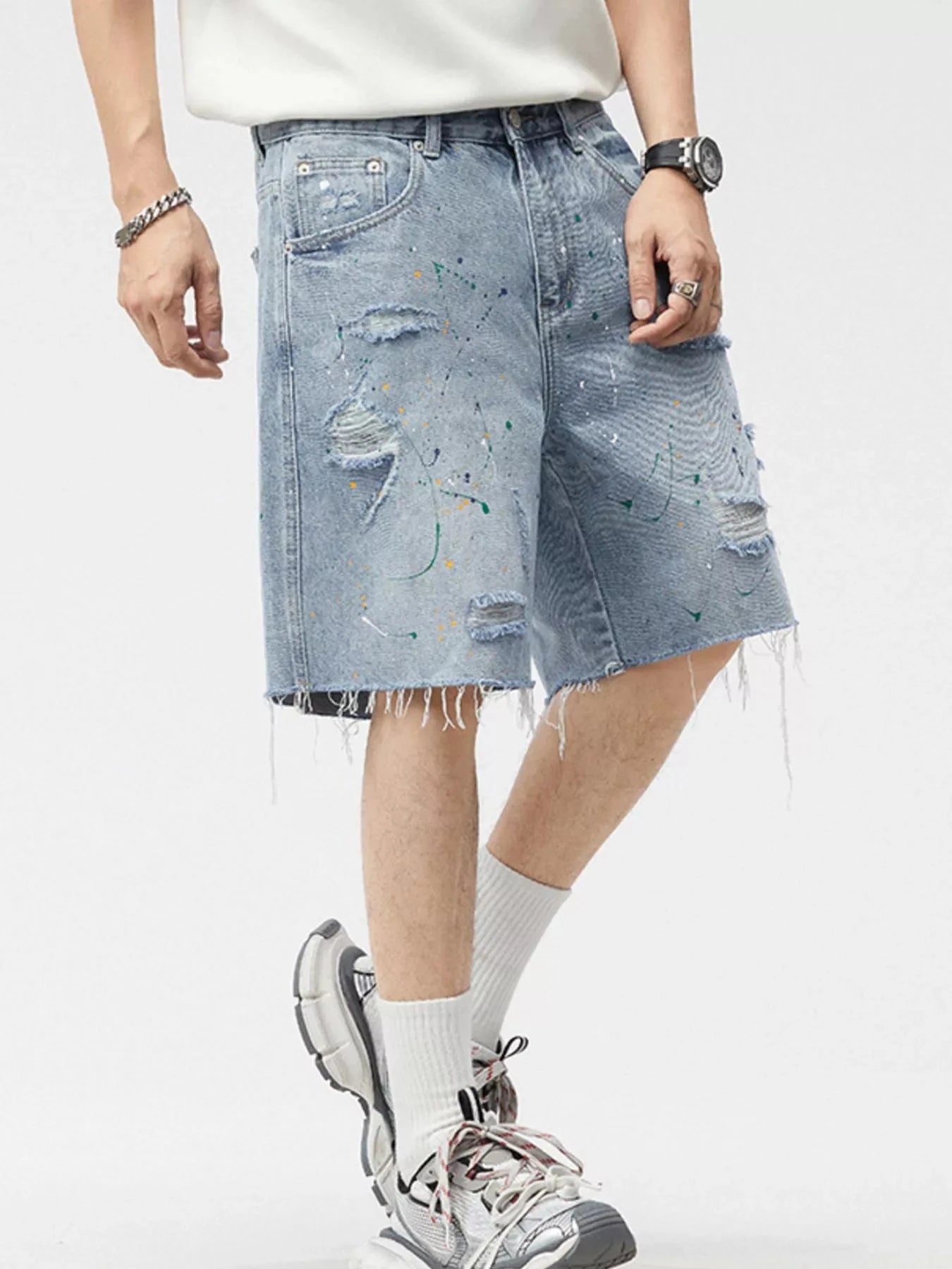 Men's Distressed Paint Splatter Denim Shorts