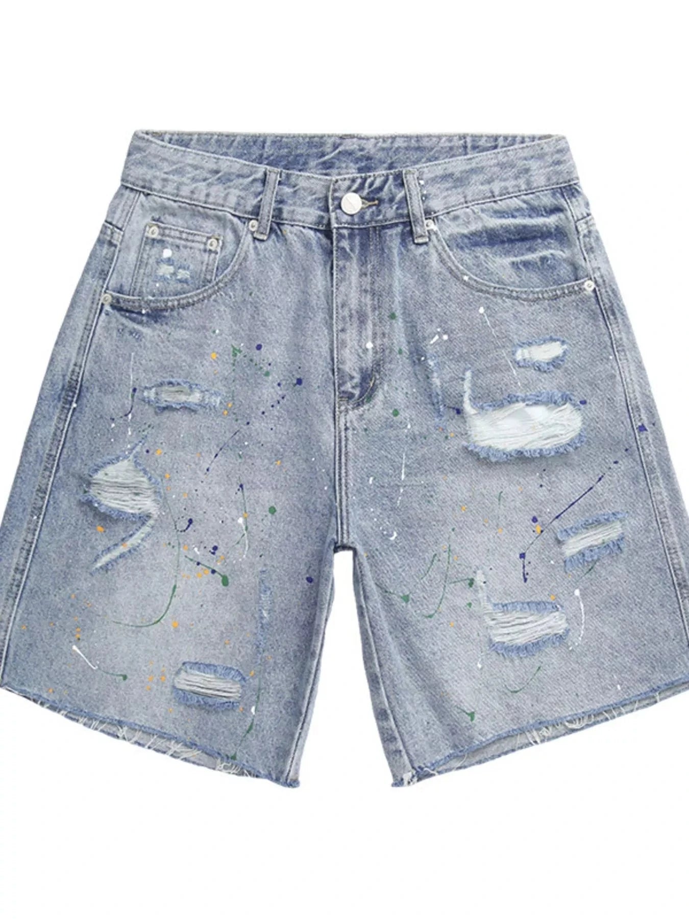 Men's Distressed Paint Splatter Denim Shorts