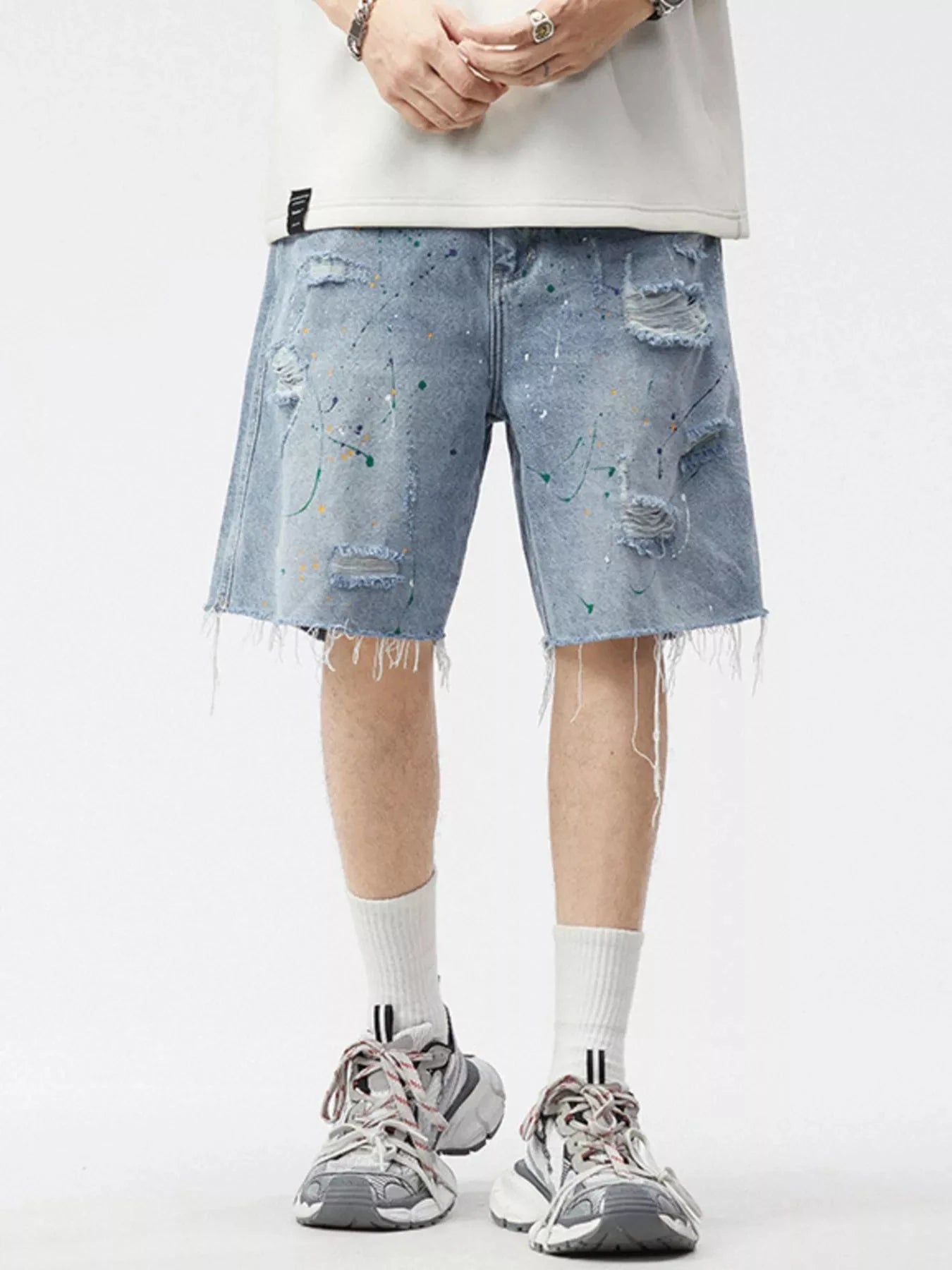 Men's Distressed Paint Splatter Denim Shorts