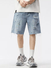 Men's Distressed Paint Splatter Denim Shorts
