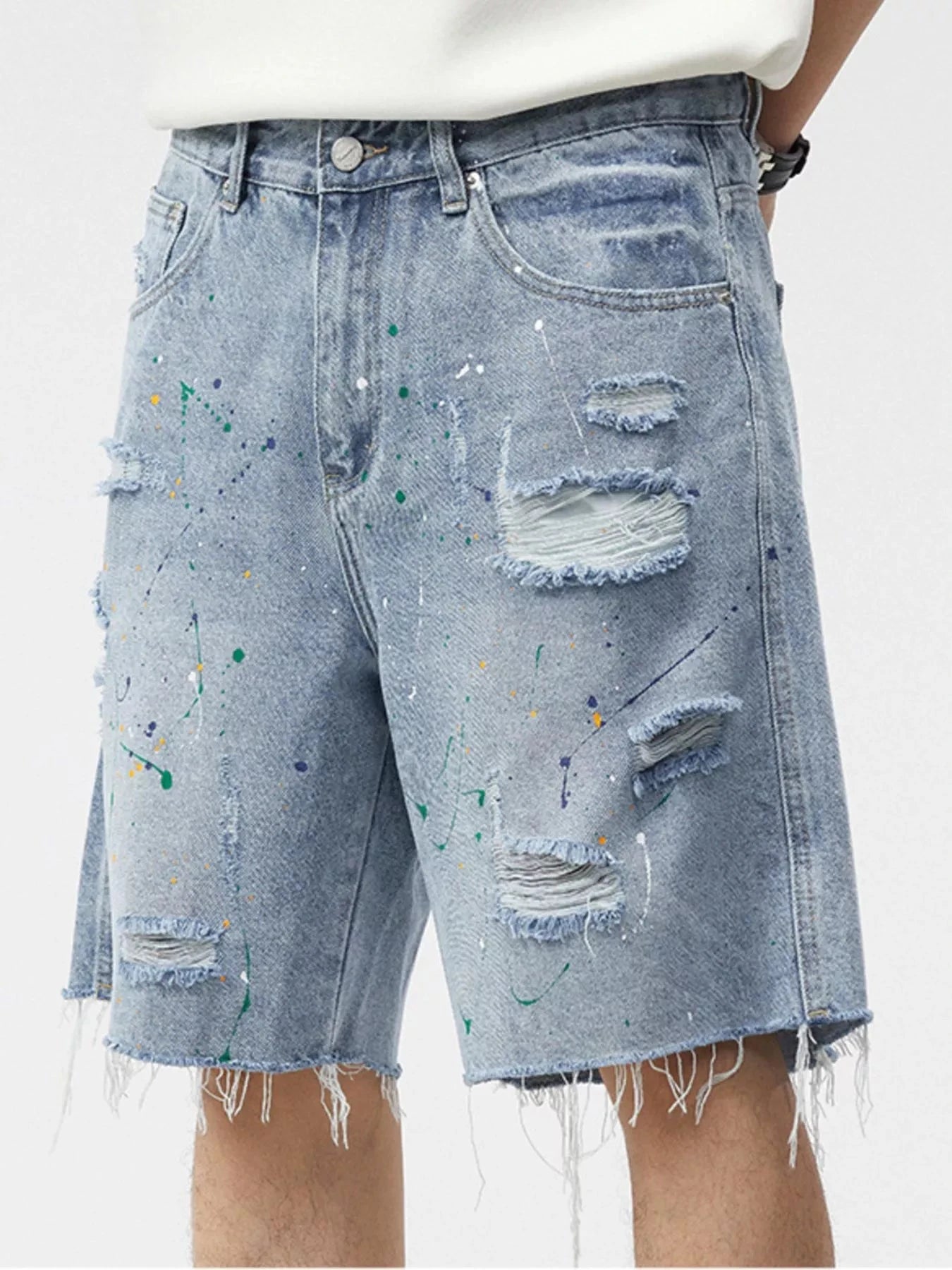 Men's Distressed Paint Splatter Denim Shorts