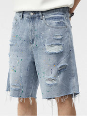 Men's Distressed Paint Splatter Denim Shorts