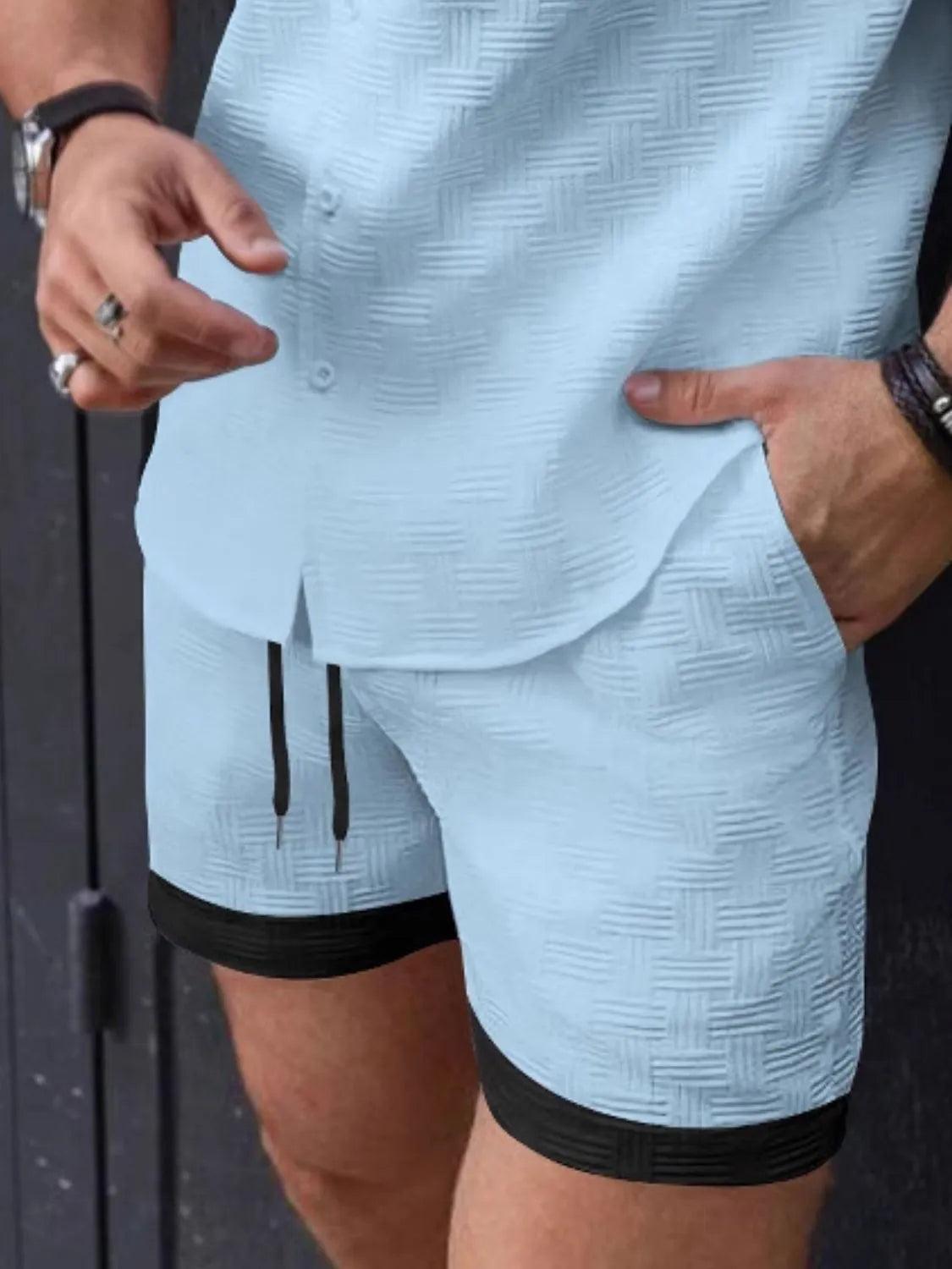 Men's Drawstring Textured Shorts Light Blue / S