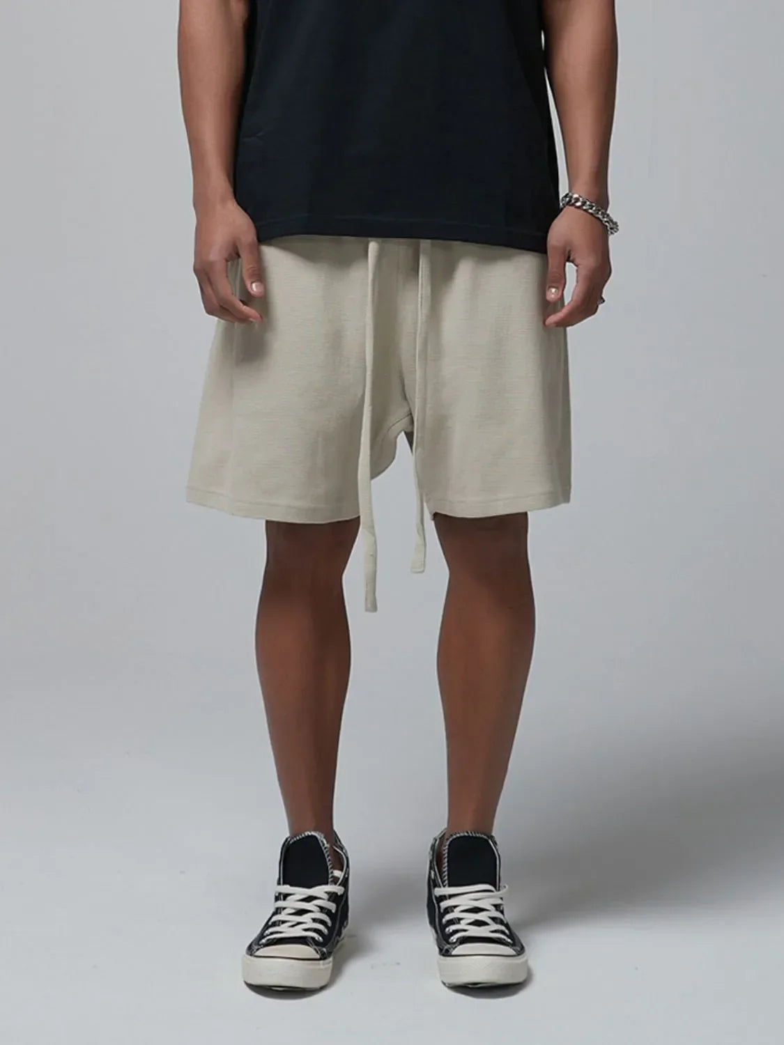 Men's Drawstring Waffle Shorts with Pockets Beige / S