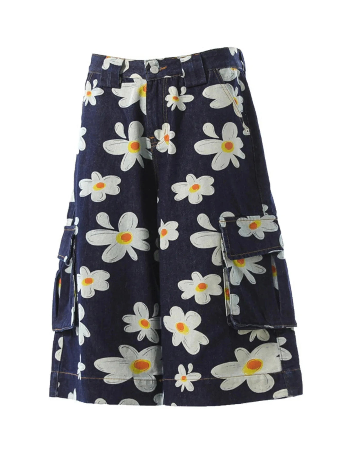 Men's Floral Print Denim Cargo Shorts Dark Blue / S