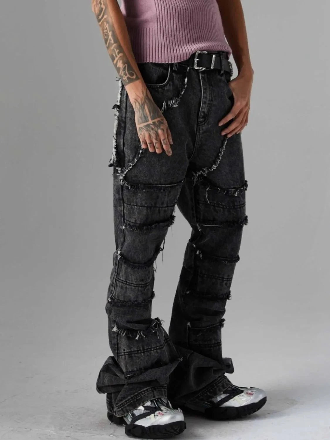 Men's Frayed Hem Jeans with Pockets Black / S