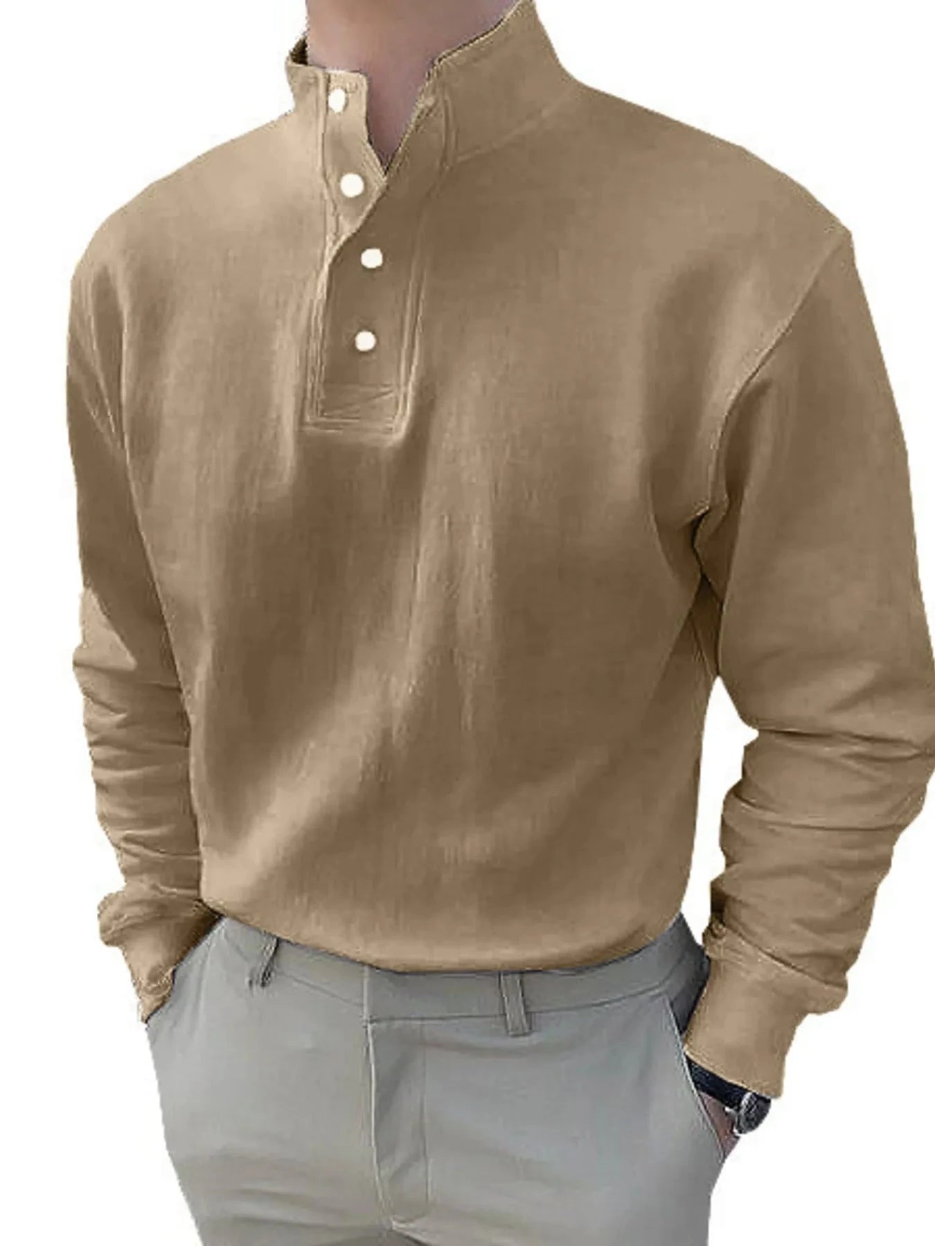 Men's Full Size Button Detail Long Sleeve Blouse Plus Size Light Brown / S