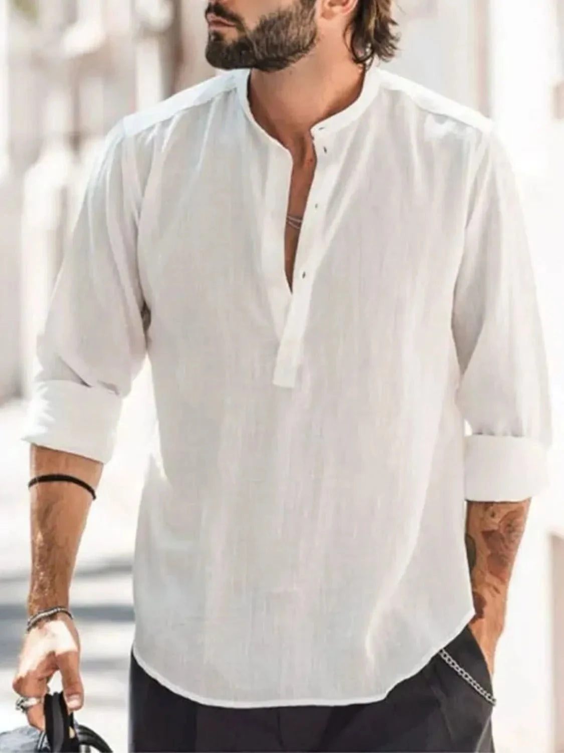 Men's Full Size Button Detail Long Sleeve Shirt Plus Size White / XS