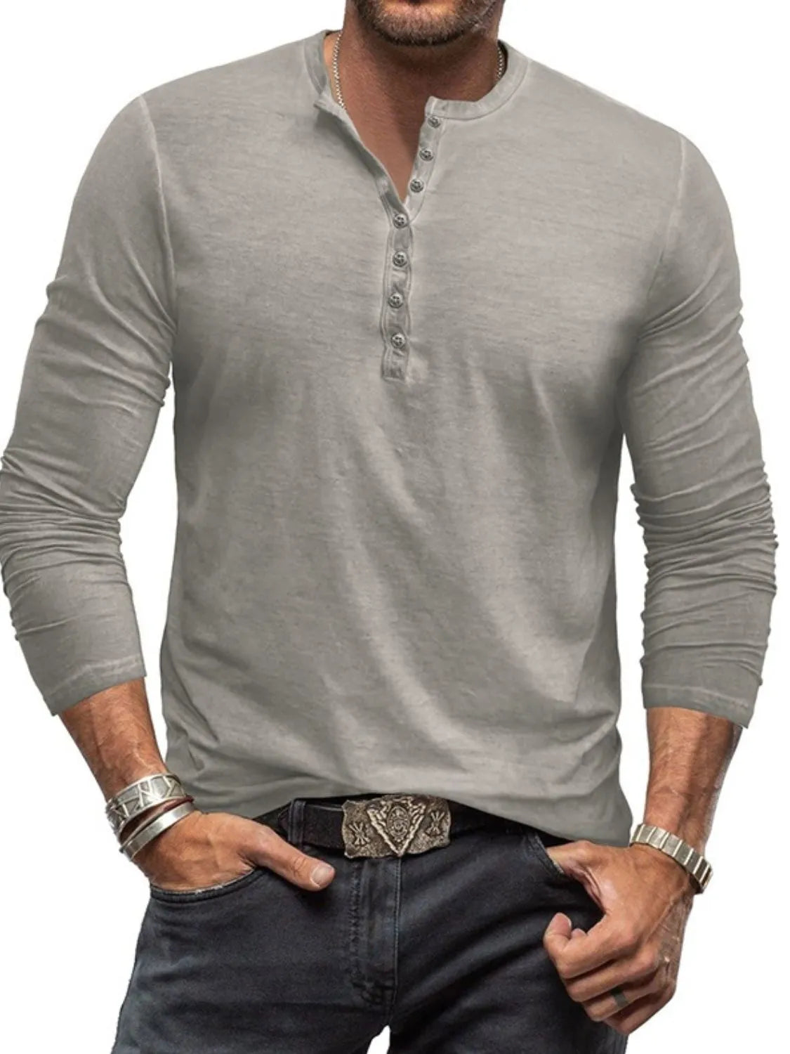 Men's Full Size Button Detail Long Sleeve Top Plus Size Gray / S