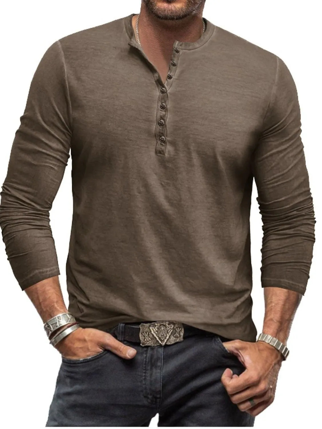 Men's Full Size Button Detail Long Sleeve Top Plus Size Taupe / S