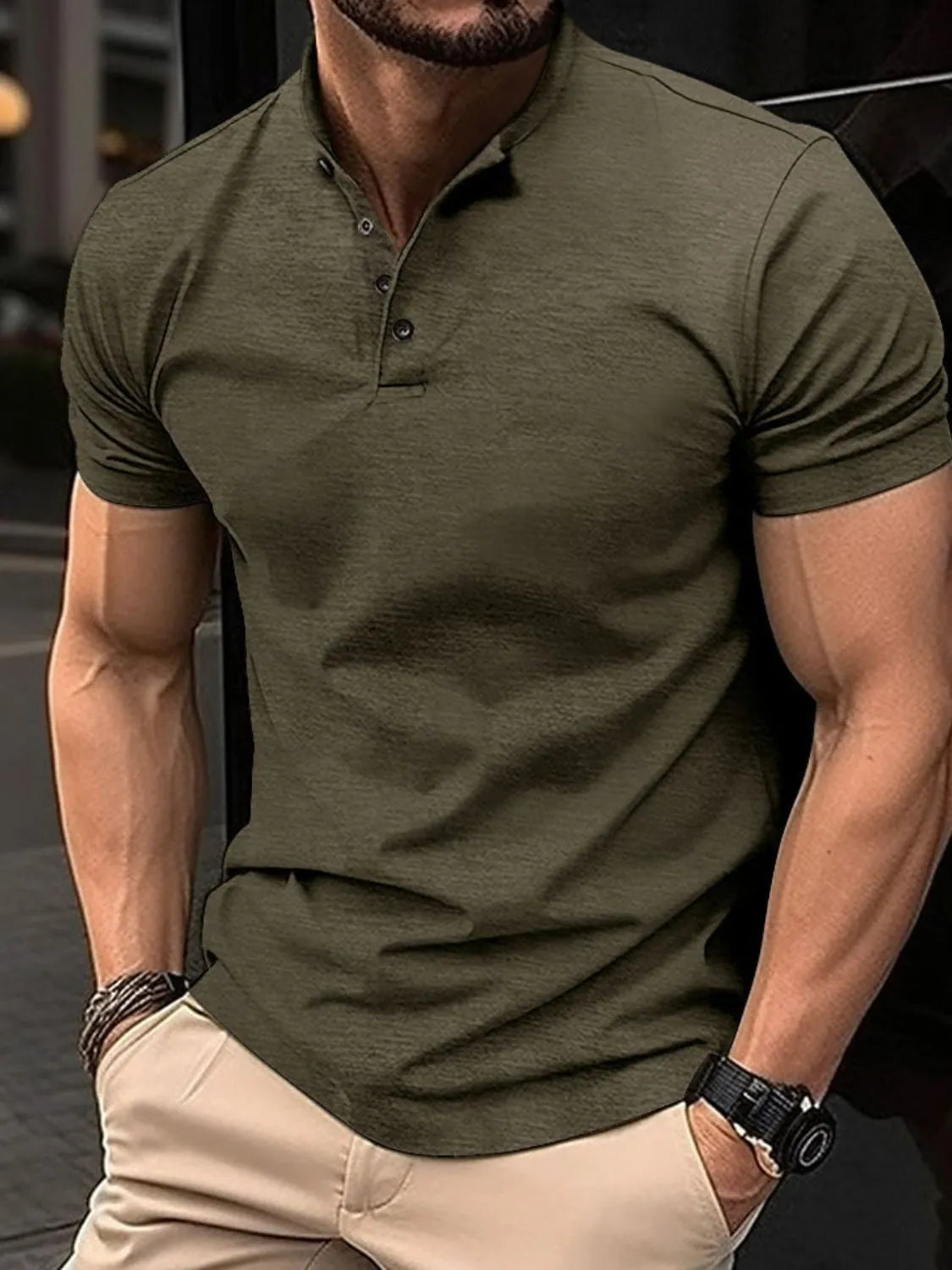 Men's Full Size Button Detail Short Sleeve Polo Plus Size Army Green / S