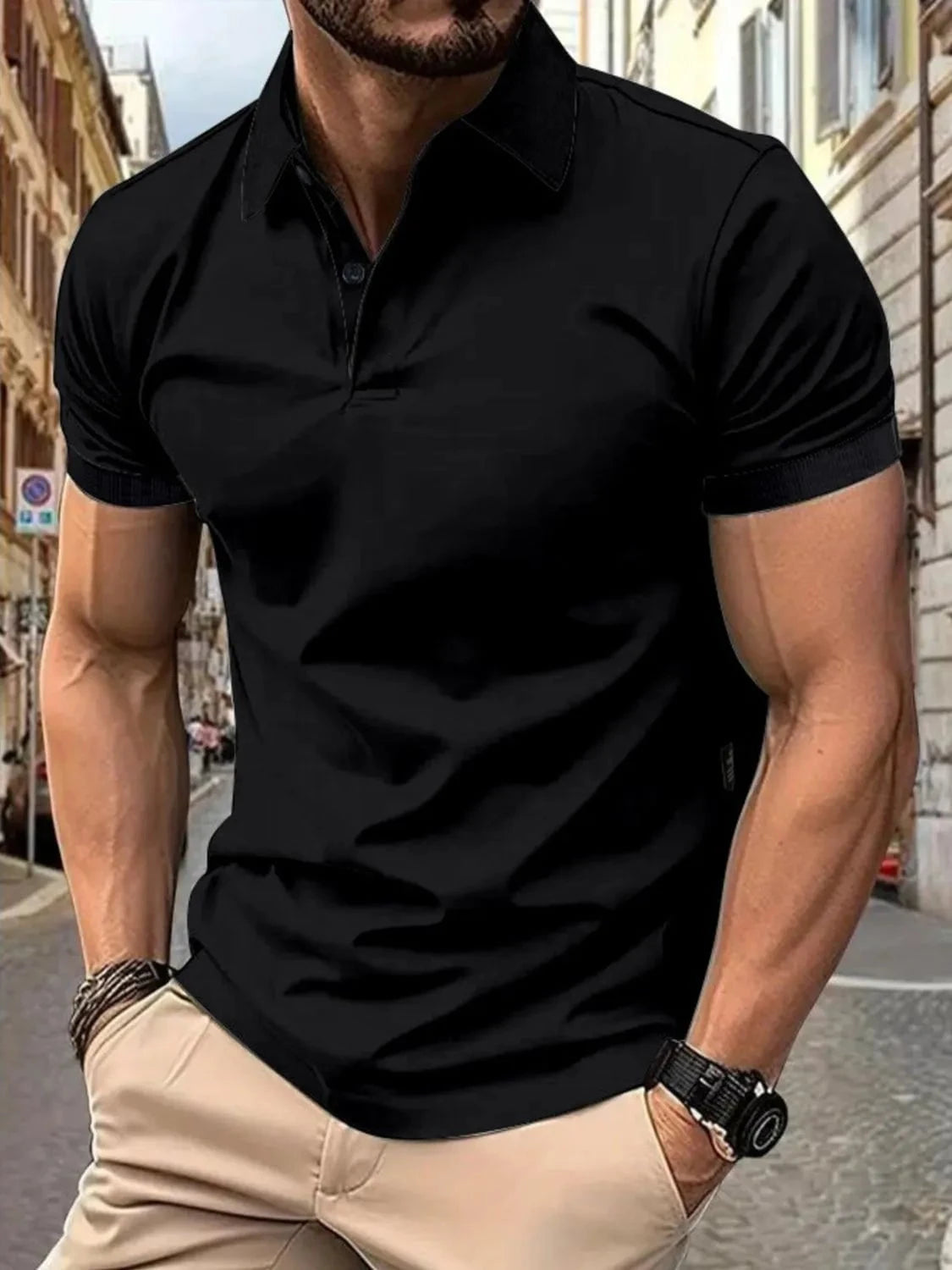 Men's Full Size Button Detail Short Sleeve Polo Plus Size Black / S