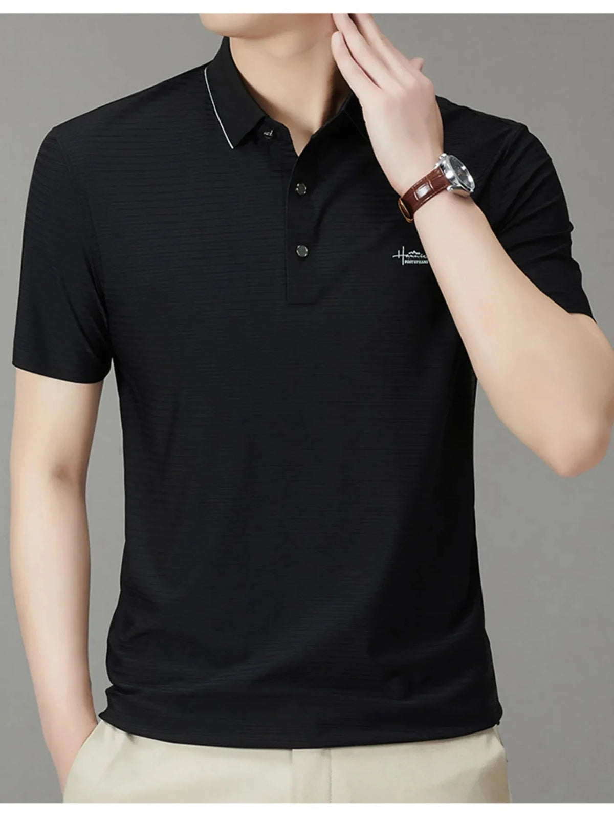 Men's Full Size Button Detail Short Sleeve Polo Plus Size Black / S