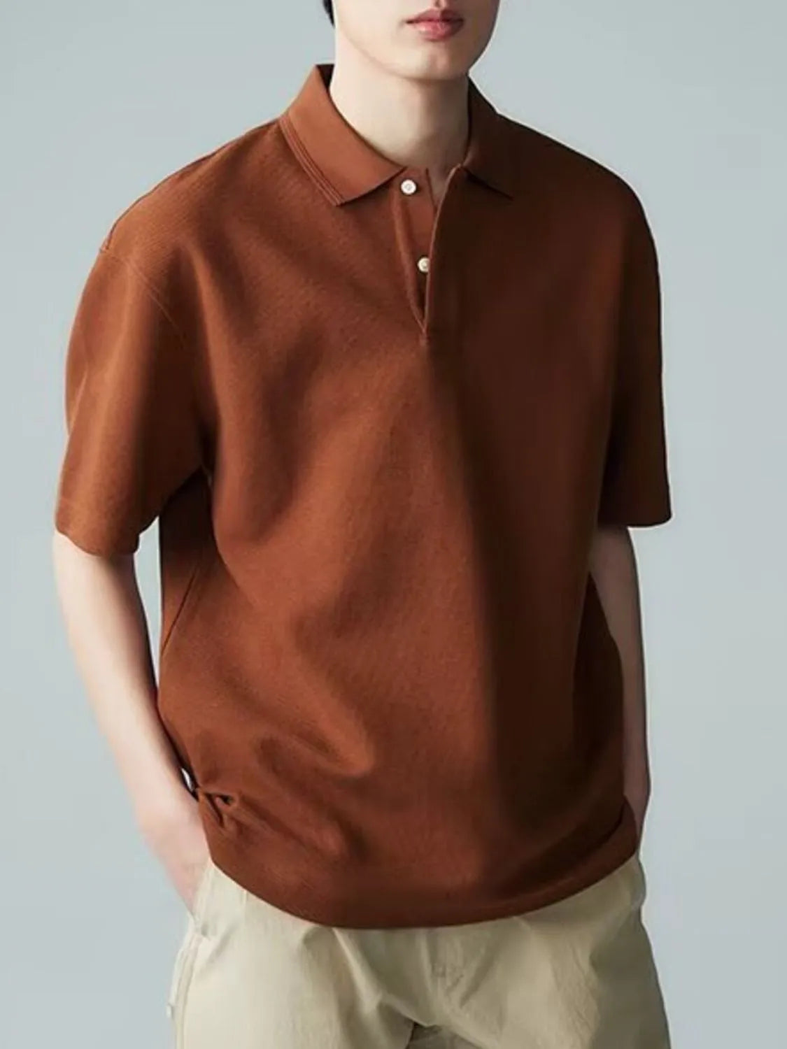 Men's Full Size Button Detail Short Sleeve Polo Plus Size Coffee Brown / S