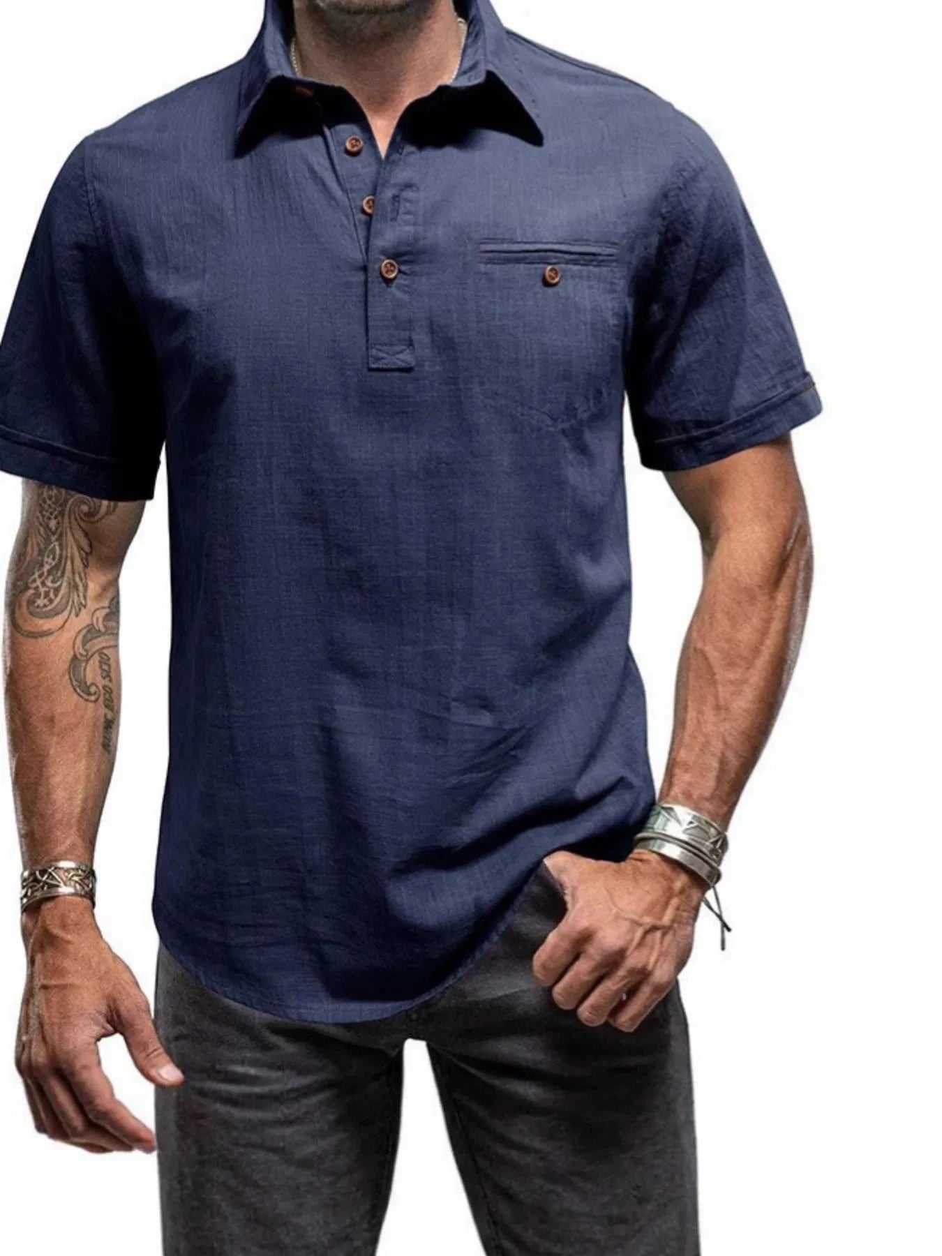 Men's Full Size Button Detail Short Sleeve Polo Plus Size Dark Blue / S