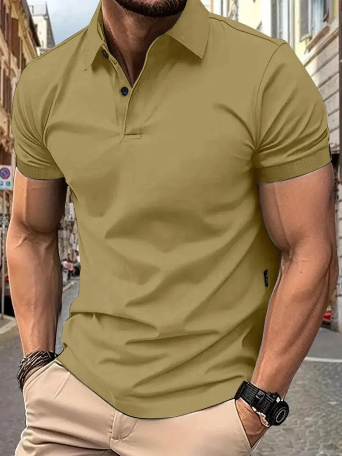 Men's Full Size Button Detail Short Sleeve Polo Plus Size Khaki / S