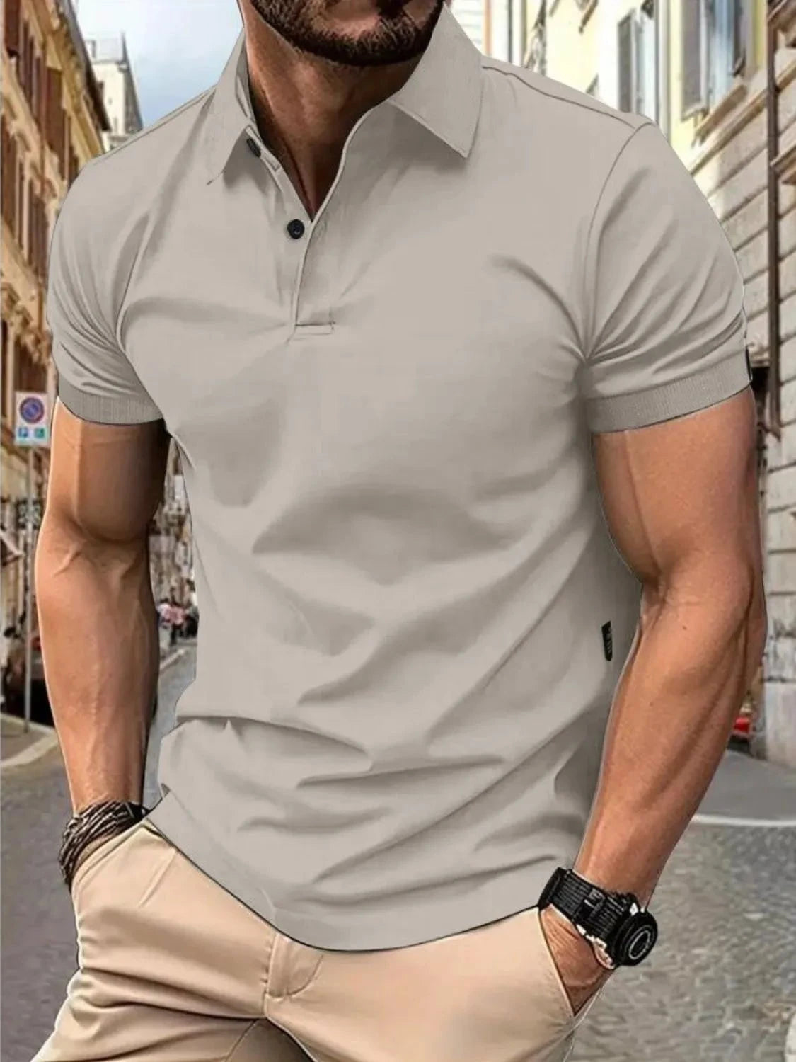 Men's Full Size Button Detail Short Sleeve Polo Plus Size Light Gray / S
