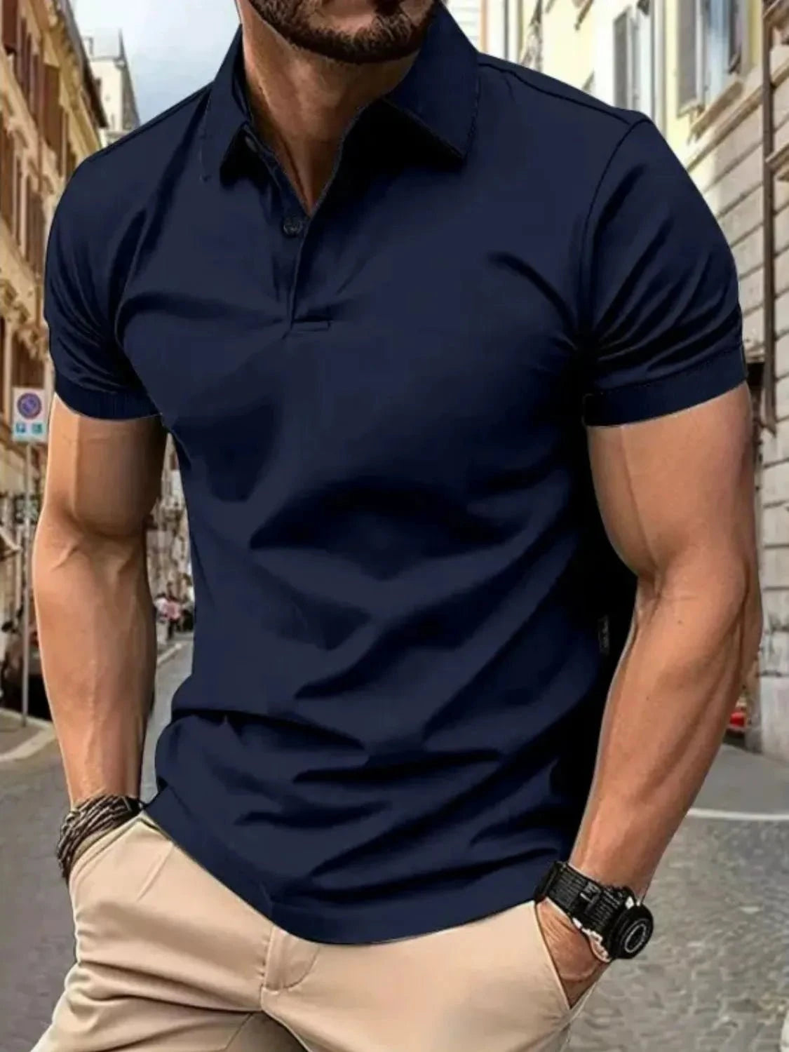 Men's Full Size Button Detail Short Sleeve Polo Plus Size Navy Blue / S