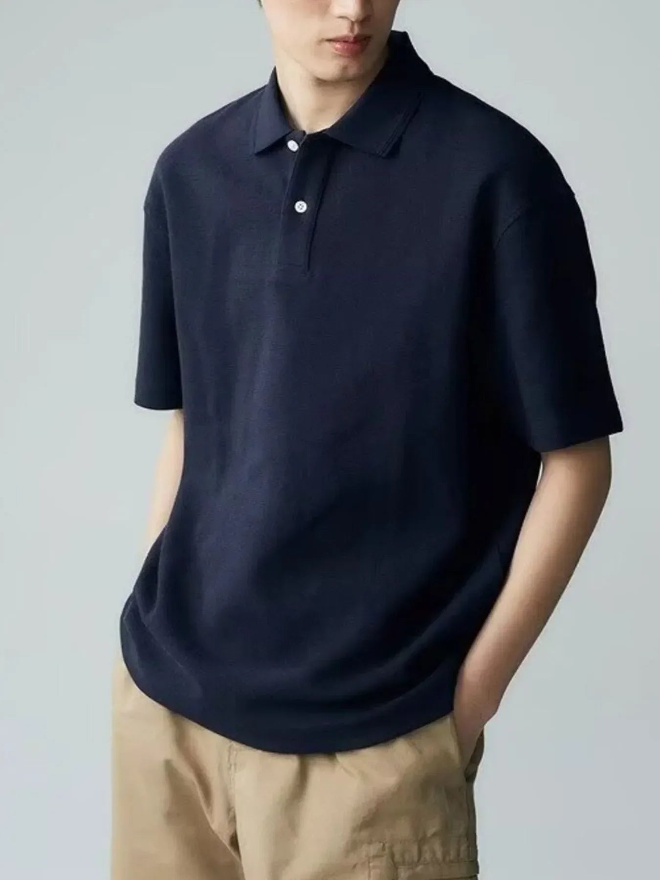 Men's Full Size Button Detail Short Sleeve Polo Plus Size Navy / S