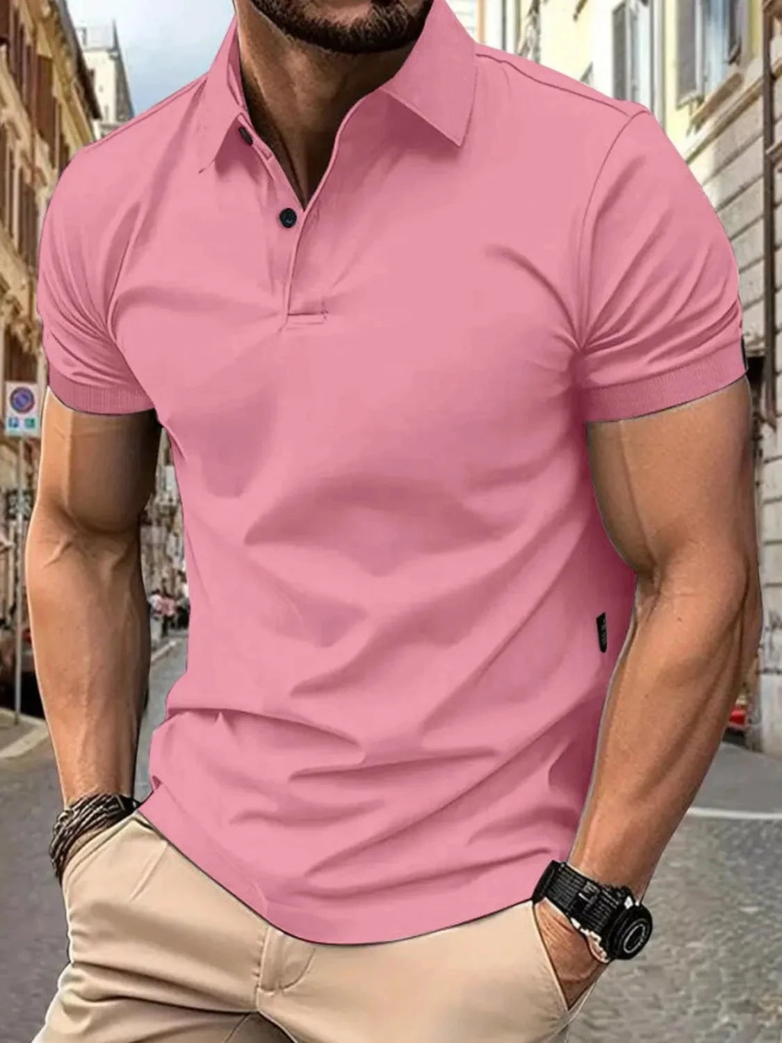 Men's Full Size Button Detail Short Sleeve Polo Plus Size Pink / S