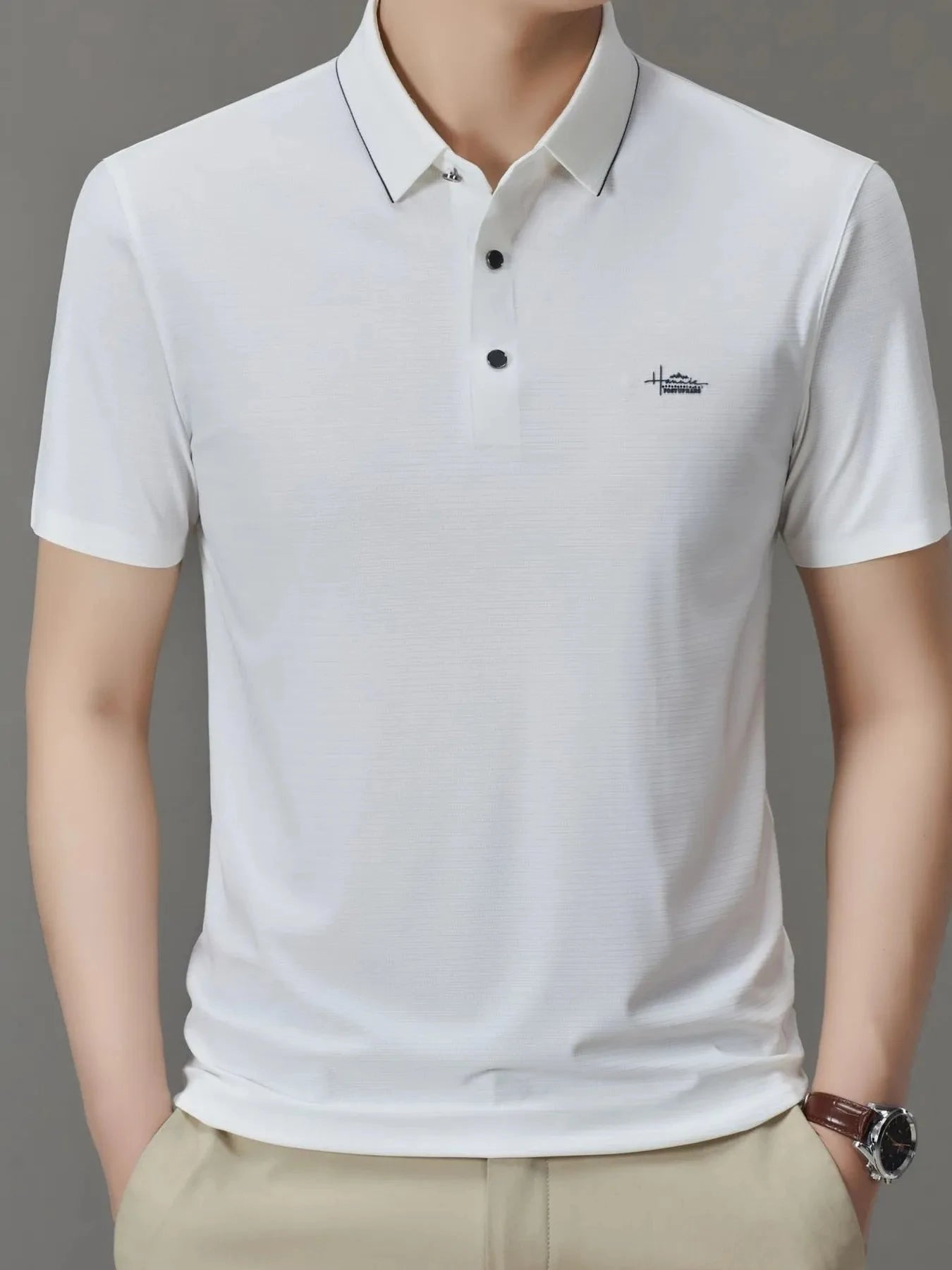 Men's Full Size Button Detail Short Sleeve Polo Plus Size White / S