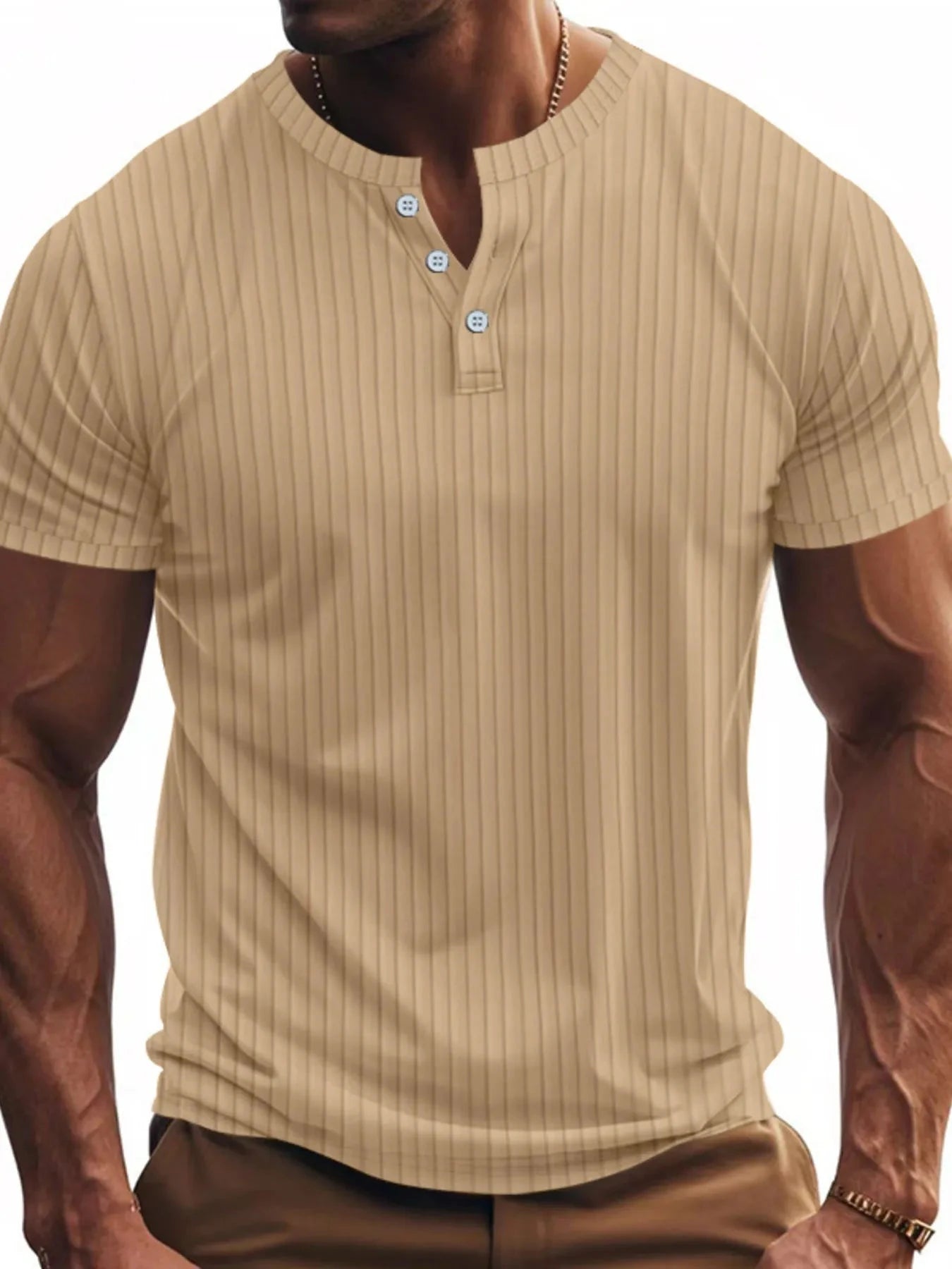 Men's Full Size Button Detail Short Sleeve T-Shirt Plus Size Khaki / S