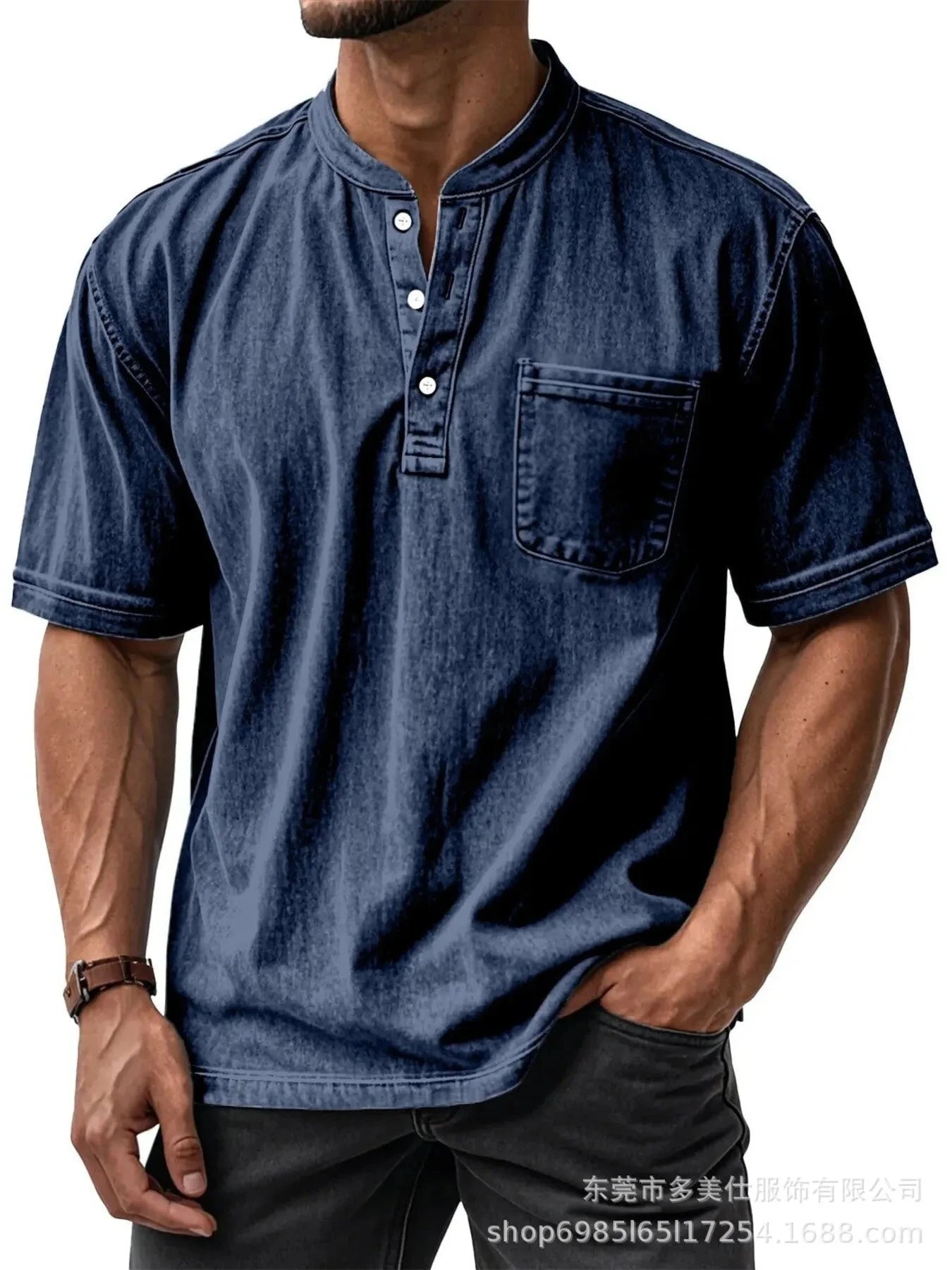 Men's Full Size Button Detail Short Sleeve Top Plus Size Dark Blue / S