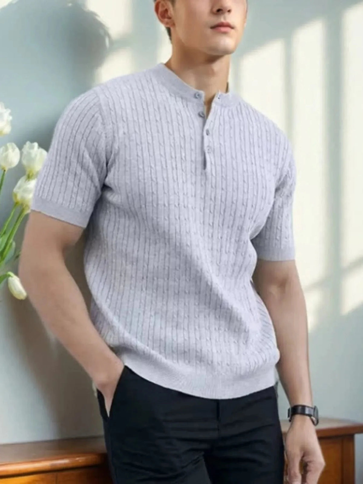 Men's Full Size Button Detail Short Sleeve Top Plus Size Gray / S