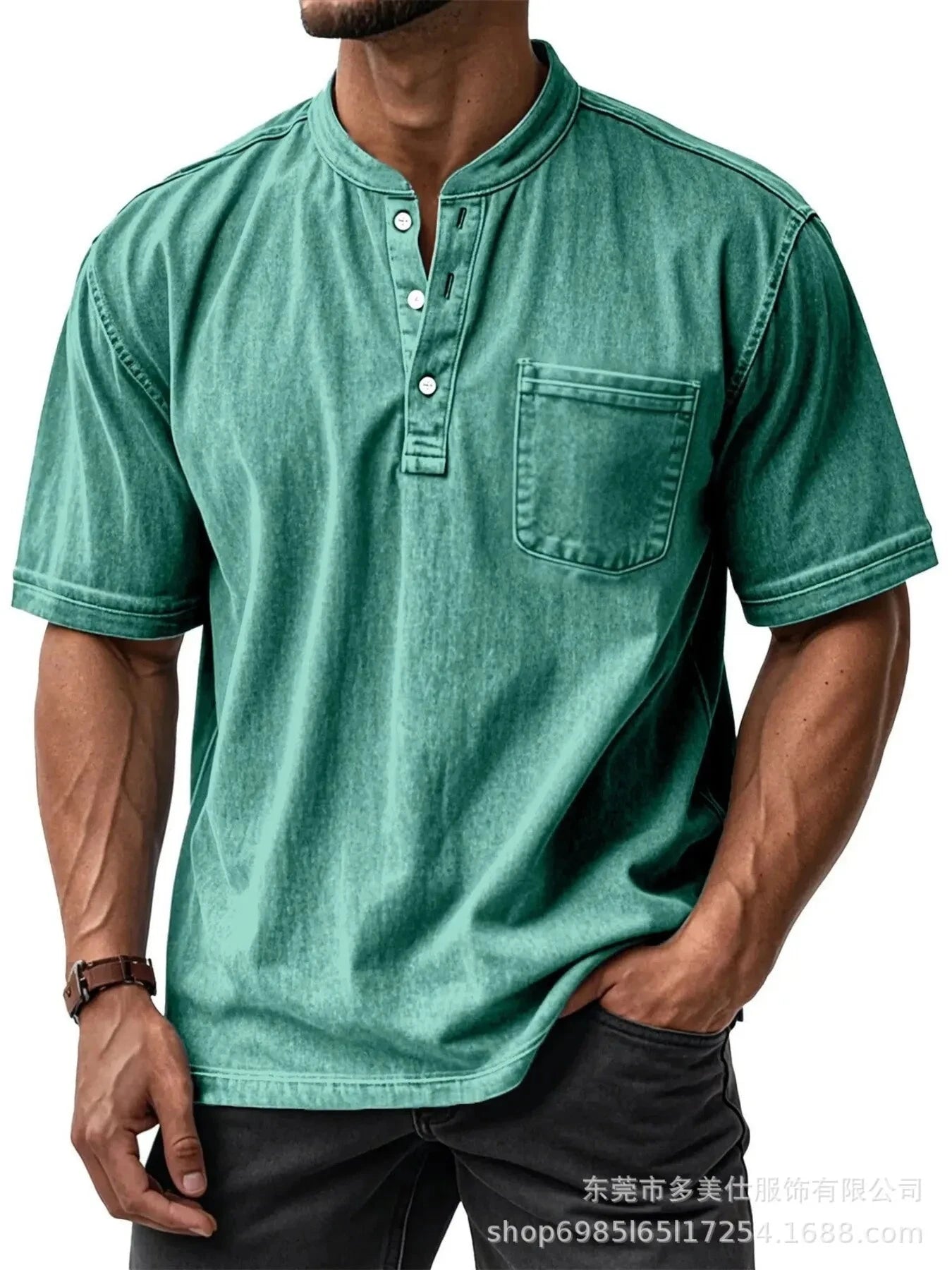 Men's Full Size Button Detail Short Sleeve Top Plus Size Green / S