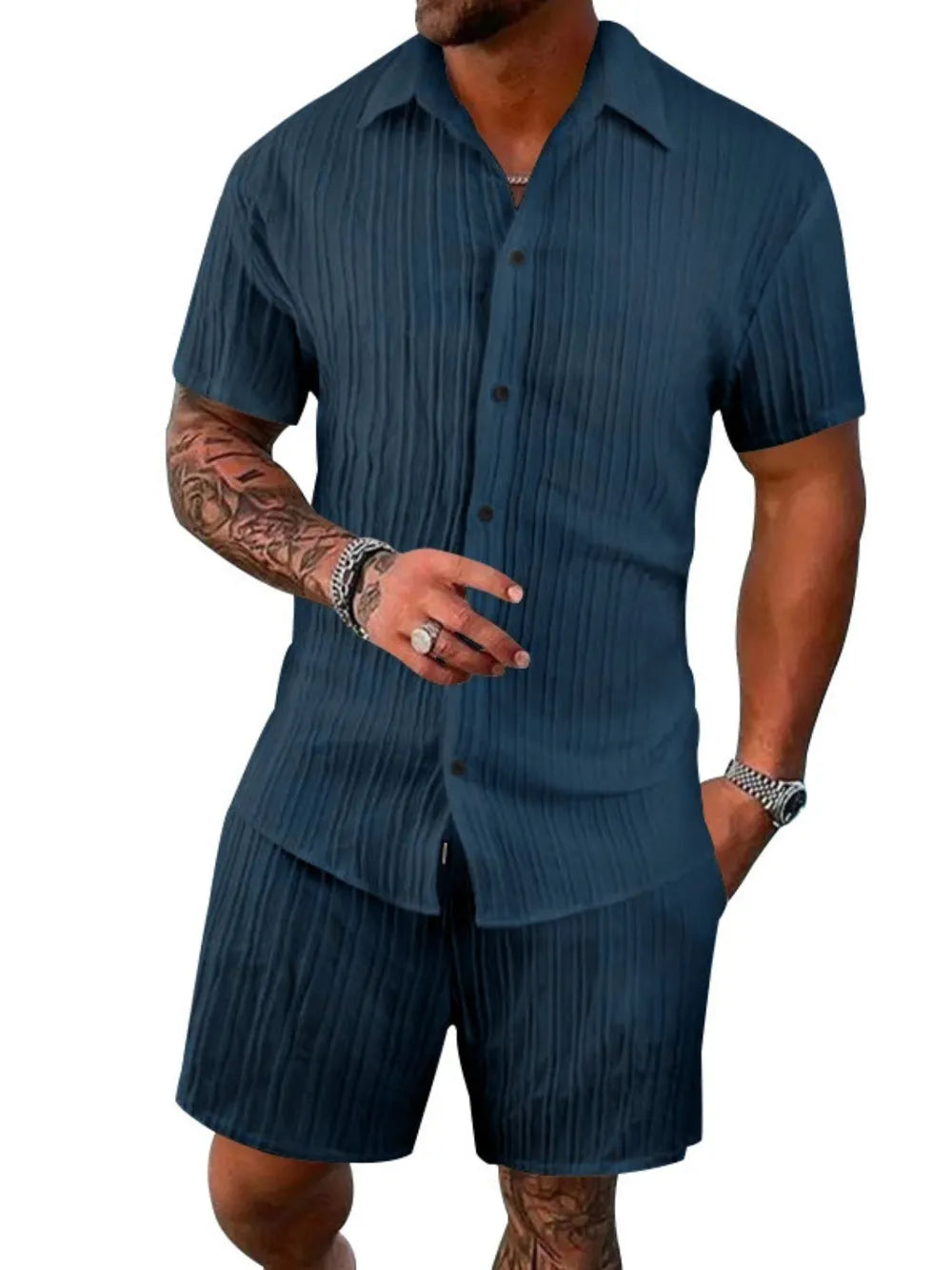 Men's Full Size Button Down Short Sleeve Shirt and Shorts Set Plus Size