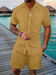 Men's Full Size Button Down Short Sleeve Shirt and Shorts Set Plus Size Gold / S
