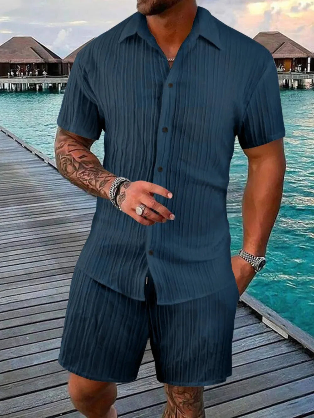 Men's Full Size Button Down Short Sleeve Shirt and Shorts Set Plus Size Peacock  Blue / S