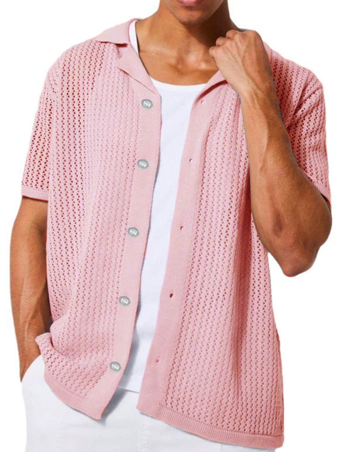 Men's Full Size Button Down Short Sleeve Shirt Plus Size Dusty Pink / S