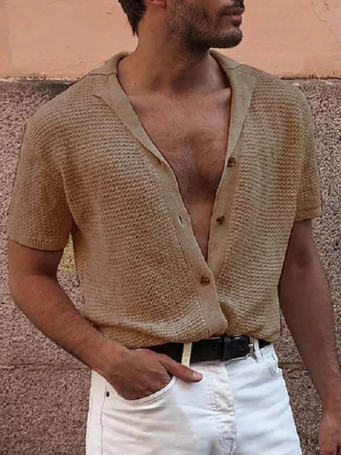 Men's Full Size Button Down Short Sleeve Shirt Plus Size Taupe / XL