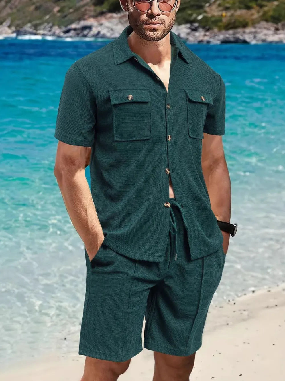 Men's Full Size Button Down Short Sleeve Top and Shorts Set Plus Size Deep Teal / S