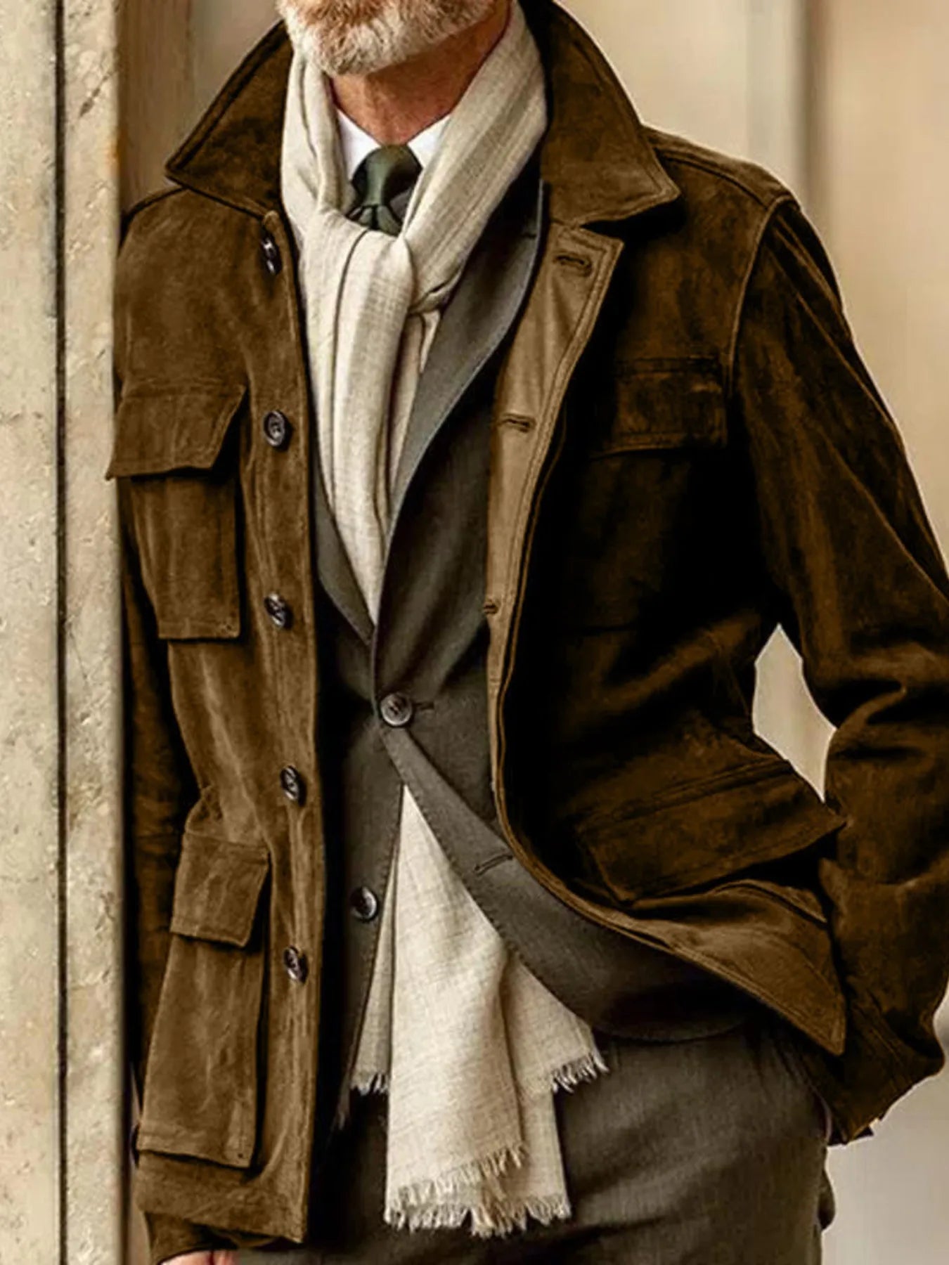 Men's Full Size Button Up Long Sleeve Jacket Plus Size Brown / S