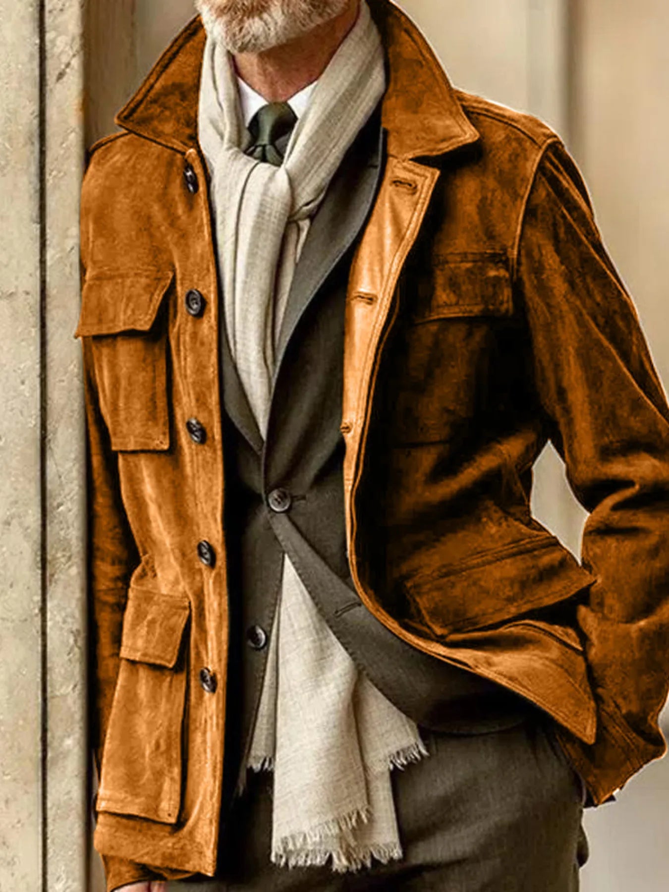 Men's Full Size Button Up Long Sleeve Jacket Plus Size Orange / S